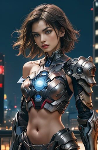  top quality　  beautiful brown-haired woman  (Mid-chest、 slim)　 blue mechanical armor similar to Iron Man(アイアンマン似、 fine details、 Sleeveless、 off shoulder 、off elbow、My chest is showing、 belly button out)　 Dark Night City 