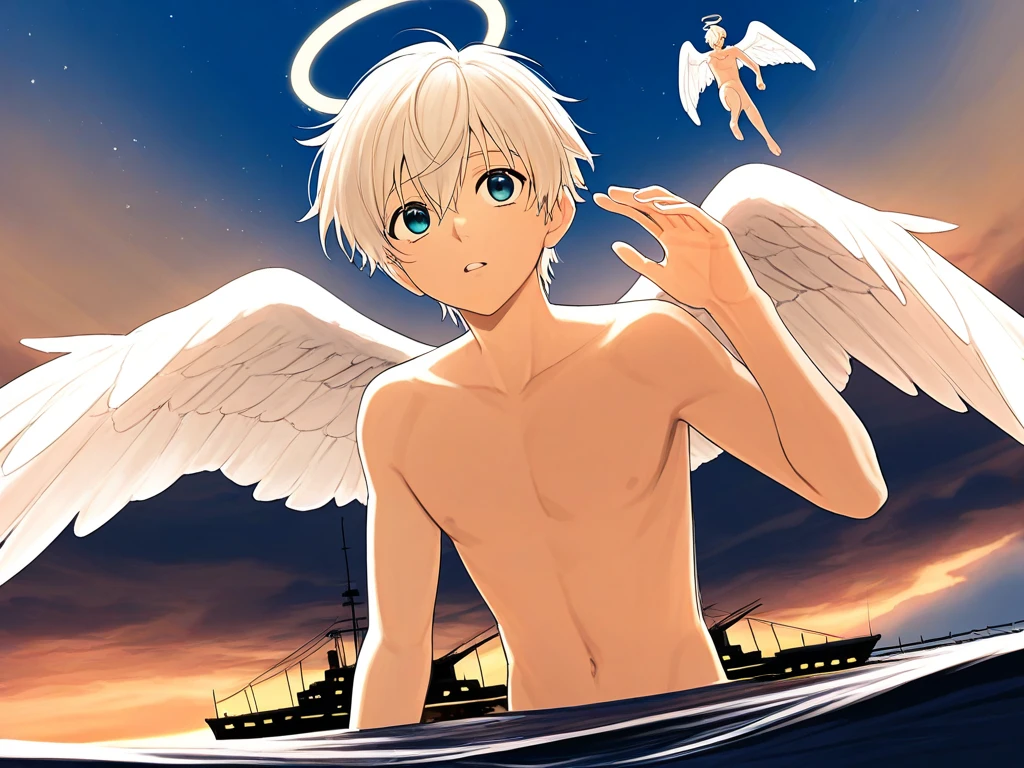 anime,1male,angel,angel wings,giant,36 meter tall,swimming in the port sea,shirtless,open eyes,nude,naked,ships