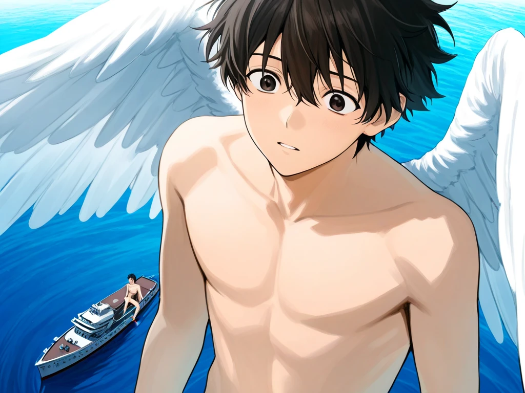 anime,1male,angel,angel wings,giant,36 meter tall,swimming in the port sea,shirtless,open eyes,nude,naked,ships