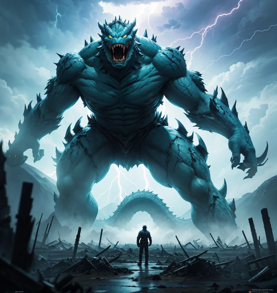 Several giant monsters attack a ager, and you can see the monsters and the teen's entire body