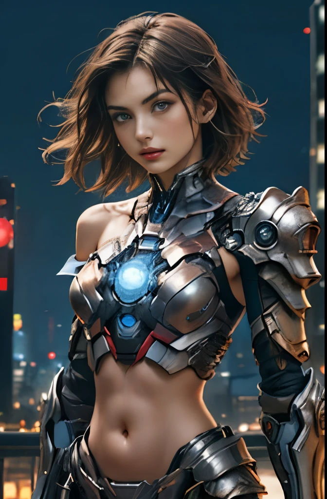  top quality　  beautiful brown-haired woman  (Mid-chest、 slim)　 blue mechanical armor similar to Iron Man(Similar to Iron Man、 fine details、 Sleeveless、 off shoulder 、off elbow、My chest is showing、 belly button out)　 Dark Night City 