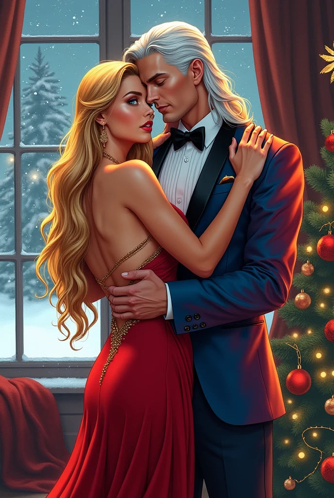 An incredibly beautiful young femme fatale blonde with long golden thick well-groomed hair, long bangs and blue eyes, in a luxurious evening dress with an open back, hugs and kisses a tall, handsome, statuesque, courageous young man with long white beautiful well-groomed hair below the shoulders, blue eyes, long bangs, dressed in a colorful elegant suit they are in love, happy, it is snowing outside the window, cozy flat, a decorated Christmas tree inside, garlands twinkle. A masterpiece, a comic book, beautiful graphics, a masterpiece drawing.