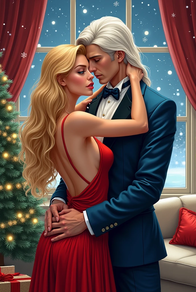 An incredibly beautiful young femme fatale blonde with long golden thick well-groomed hair, long bangs and blue eyes, in a luxurious evening dress with an open back, hugs and kisses a tall, handsome, statuesque, courageous young man with long white beautiful well-groomed hair below the shoulders, blue eyes, long bangs, dressed in a colorful elegant suit they are in love, happy, it is snowing outside the window, cozy flat, a decorated Christmas tree inside, garlands twinkle. A masterpiece, a comic book, beautiful graphics, a masterpiece drawing.