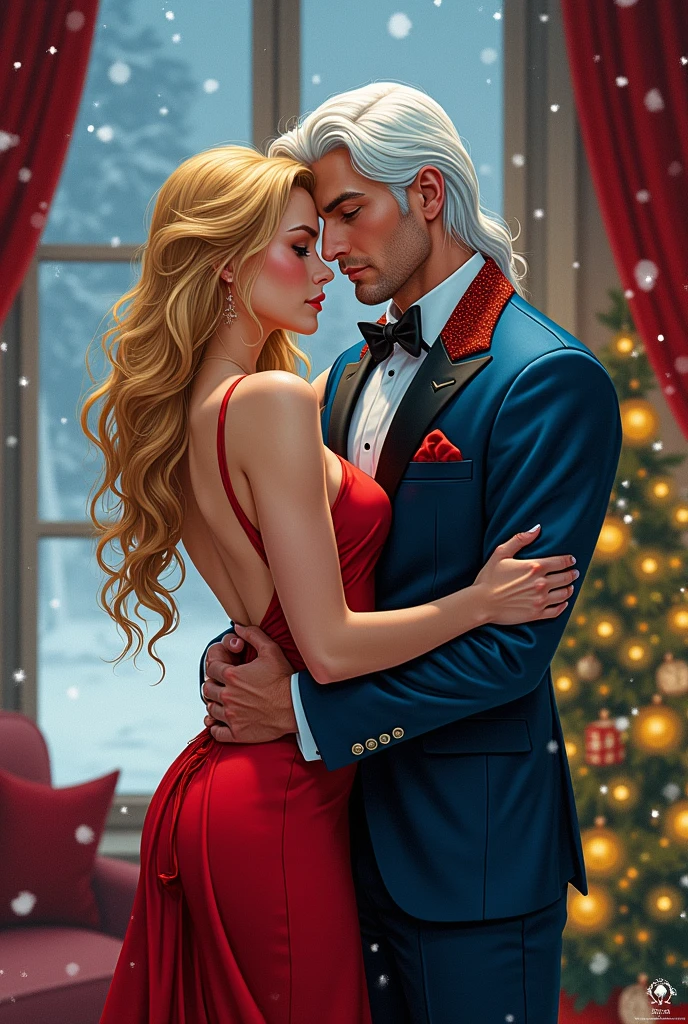 An incredibly beautiful young femme fatale blonde with long golden thick well-groomed hair, long bangs and blue eyes, in a luxurious evening dress with an open back, hugs and kisses a tall, handsome, statuesque, courageous young man with long white beautiful well-groomed hair below the shoulders, blue eyes, long bangs, dressed in a colorful elegant suit they are in love, happy, it is snowing outside the window, cozy flat, a decorated Christmas tree inside, garlands twinkle. A masterpiece, a comic book, beautiful graphics, a masterpiece drawing.