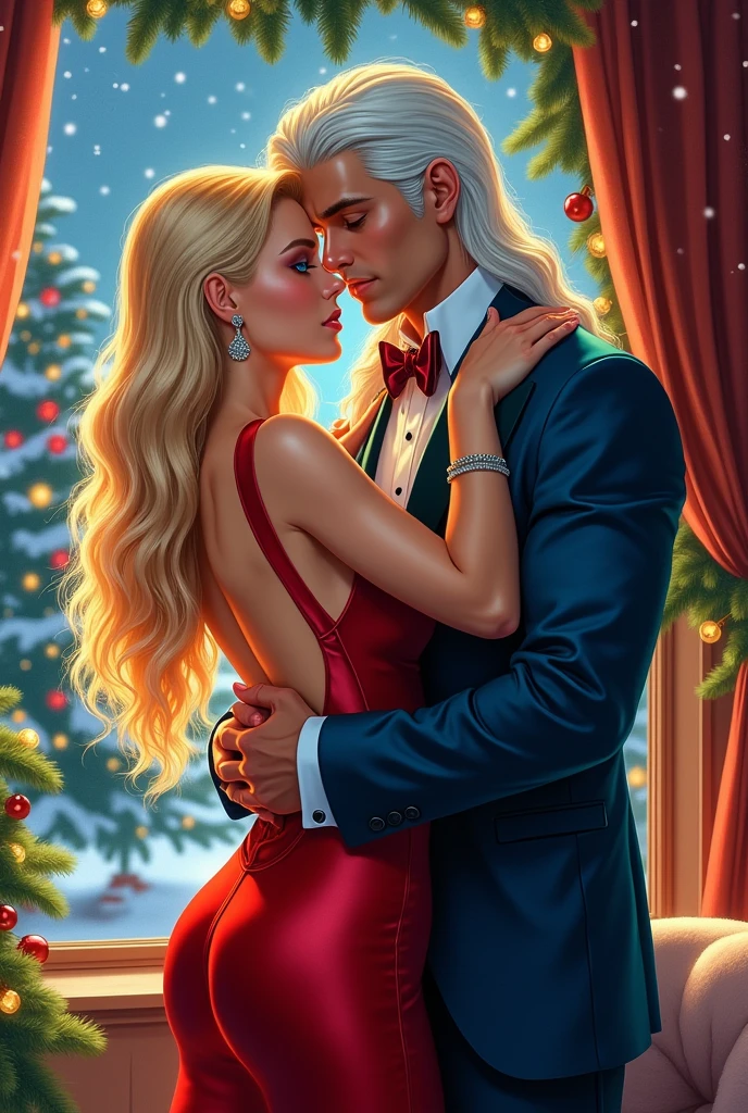 An incredibly beautiful young femme fatale blonde with long golden thick well-groomed hair, long bangs and blue eyes, in a luxurious evening dress with an open back, hugs and kisses a tall, handsome, statuesque, courageous young man with long white beautiful well-groomed hair below the shoulders, blue eyes, long bangs, dressed in a colorful elegant suit they are in love, happy, it is snowing outside the window, cozy flat, a decorated Christmas tree inside, garlands twinkle. A masterpiece, a comic book, beautiful graphics, a masterpiece drawing.