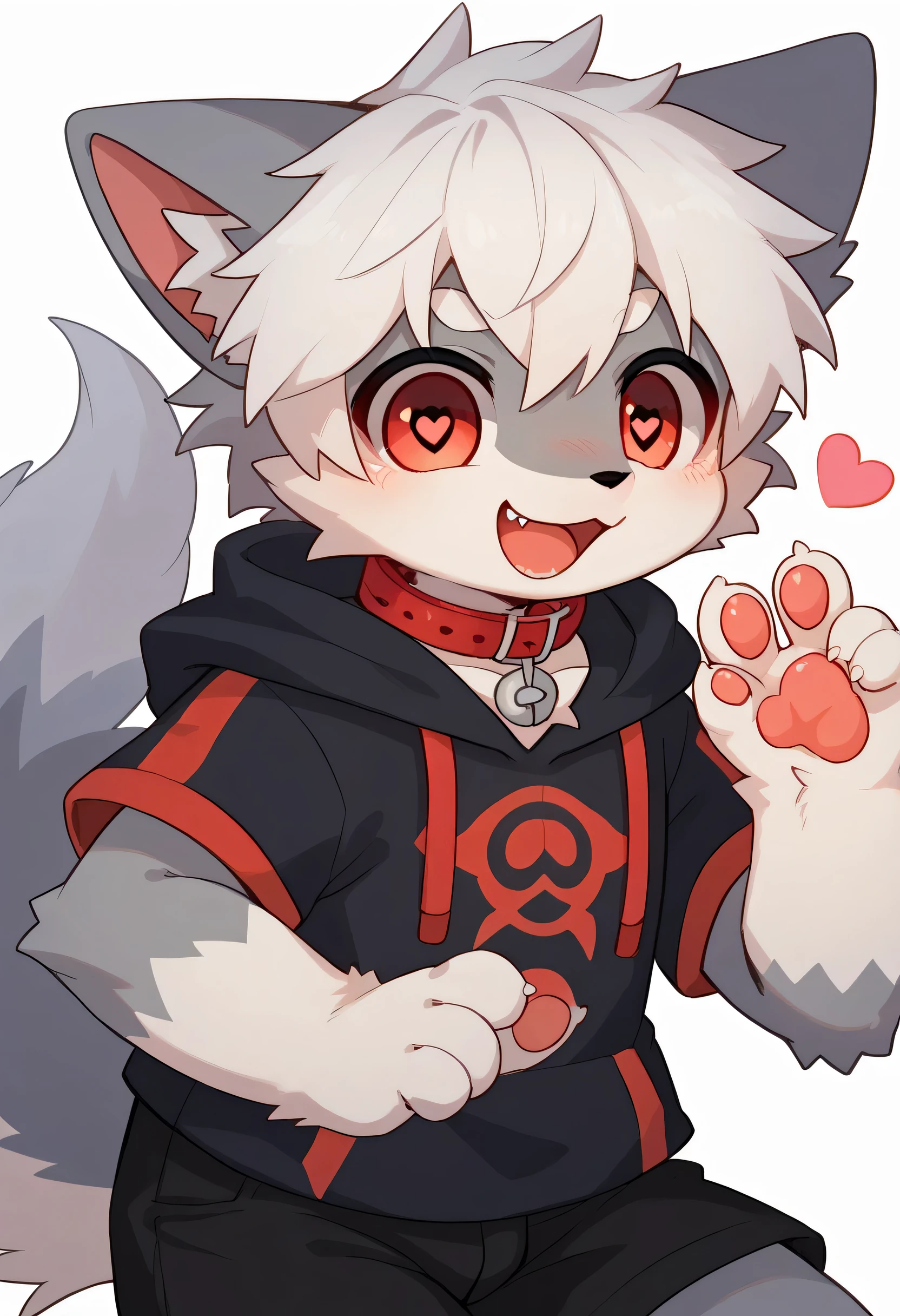   very detailed bustな,  very detailed bust, gray fur white hair ,Age 15,male,  excited to see bones  , Wolf pelt, excited,participate,  cute face,  something like fluffy fur ,Horny maleの子,Red collar,Cute ears ,Fluffy ears ,Fluffy ears , show me your legs , show me paws , Red collarと紐を持っている, Red collarと紐を持っている, cute fur maleの子 , maleの子,  heart eyes ,Horny maleの子 , Black Back ,White background, blush nose ,Alone,Dropped ears,  black shorts,  black short sleeve hoodie 