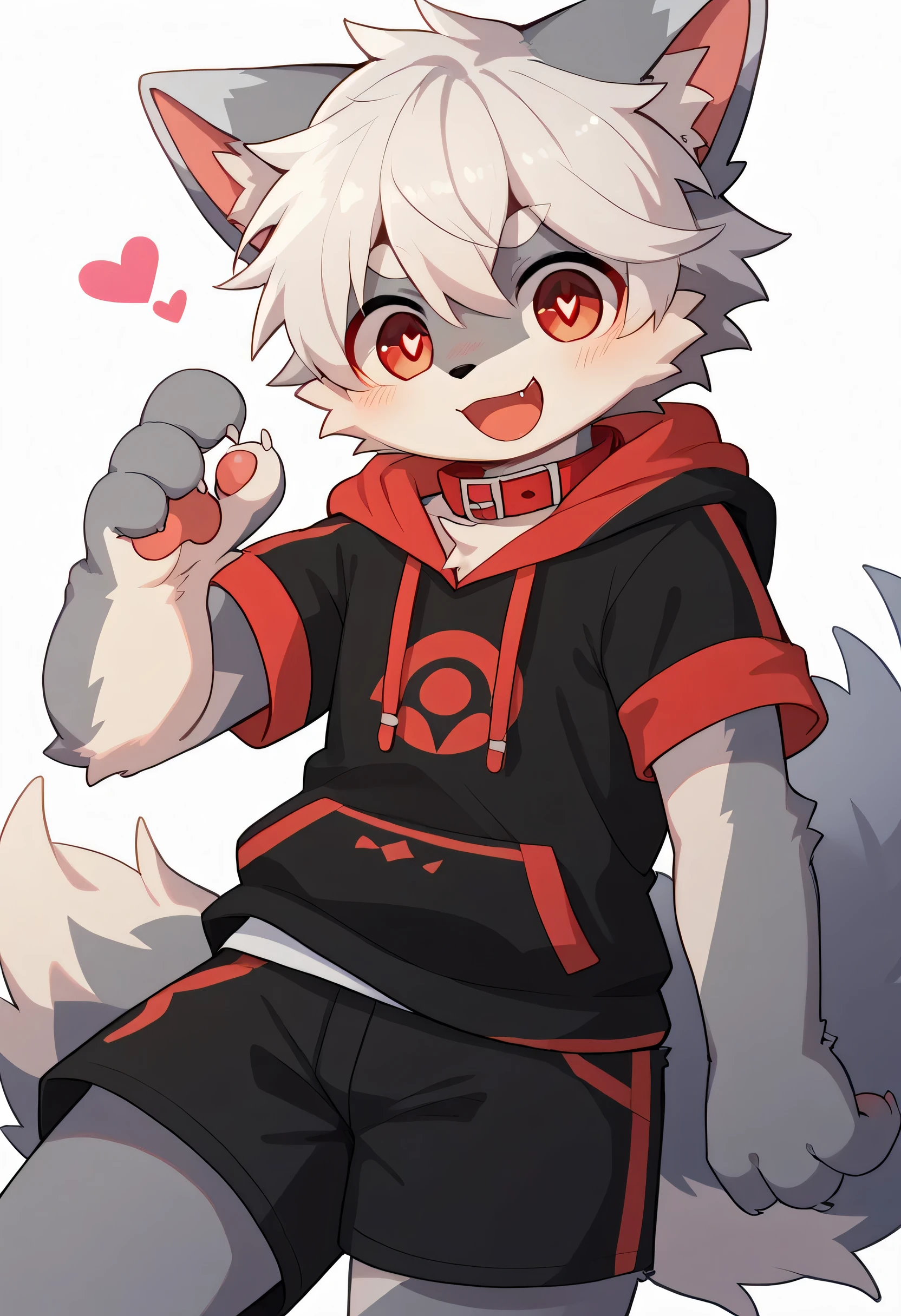   very detailed bustな,  very detailed bust, gray fur white hair ,Age 15,male,  excited to see bones  , Wolf pelt, excited,participate,  cute face,  something like fluffy fur ,Horny maleの子,Red collar,Cute ears ,Fluffy ears ,Fluffy ears , show me your legs , show me paws , Red collarと紐を持っている, Red collarと紐を持っている, cute fur maleの子 , maleの子,  heart eyes ,Horny maleの子 , Black Back ,White background, blush nose ,Alone,Dropped ears,  black shorts,  black short sleeve hoodie 