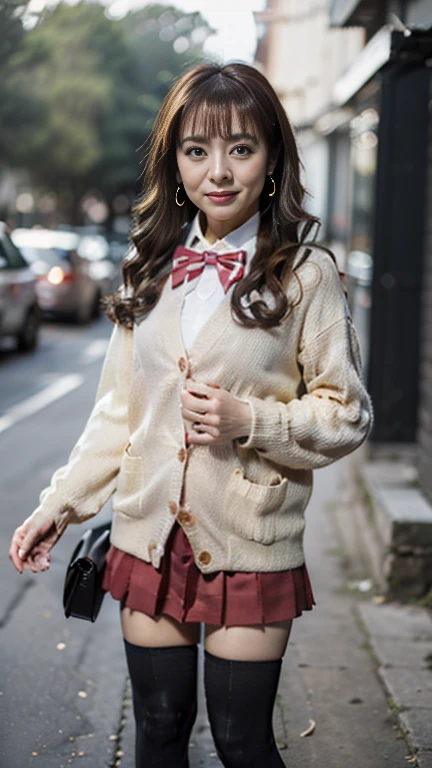 full body shot, from below,  Japanese woman with a viewing angle of, Wife, (120 years old:1.6),  detailed face , Facial wrinkles, Wrinkles around the eyes, smile,  detailed skin texture,  white skin,  heavy makeup ,  long hair, curvy body, (earrings, red bowtie, brown cardigan, red skirt, pleated skirt, micro miniskirt:1.2), (black thighhighs,  wearing high heels:1.2), (Standing on the sidewalk,  My whole body is photographed from toe to head:1.2), (surrealism, best quality, ultra detailed, absolutely resolution, 8k, anatomically correct), depth of field, looking at viewer, tachi-e, (gal.safetensors), (bimajo ), full body, Shoot from the front, throw
