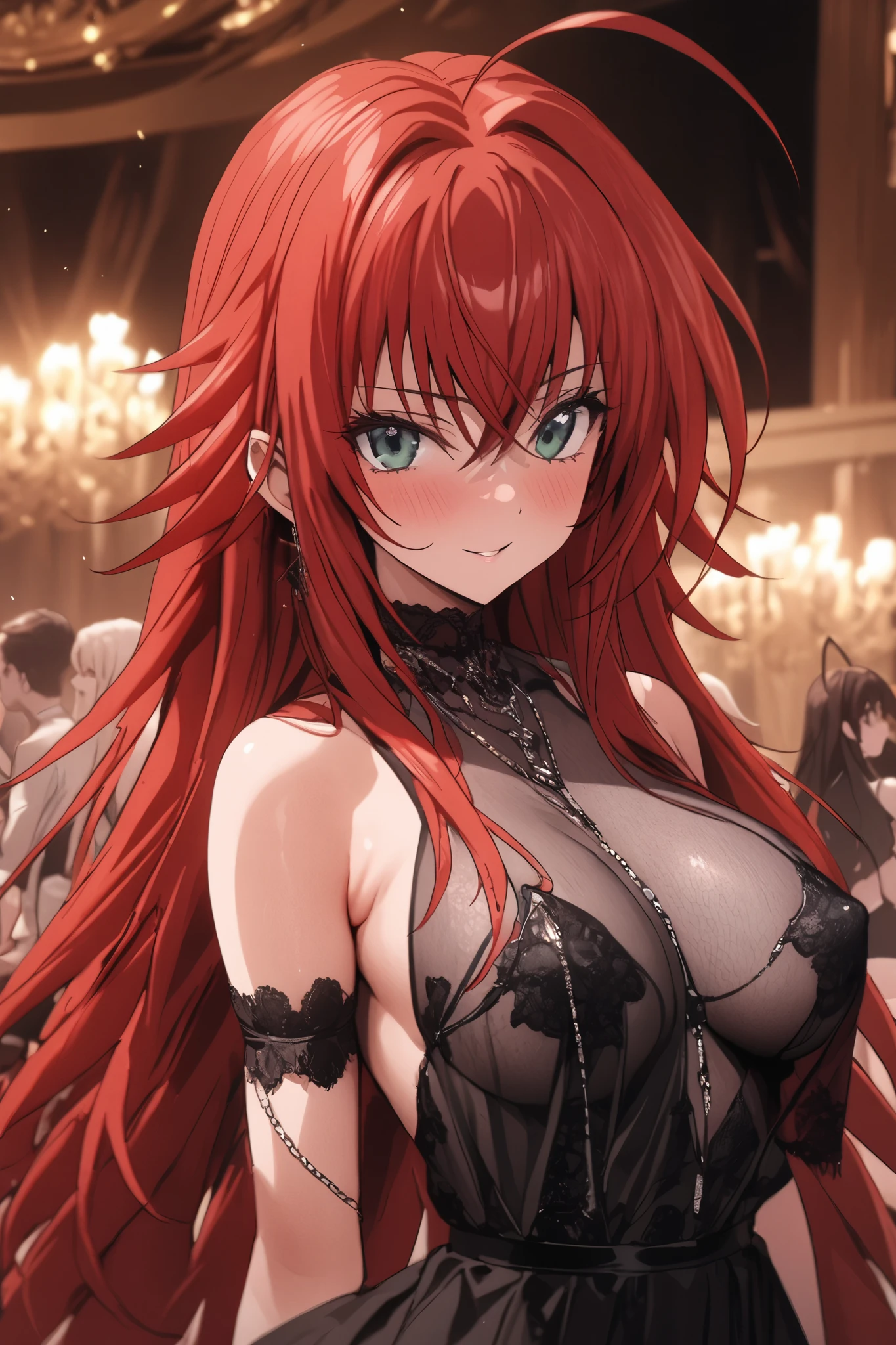 NSFW,masterpiece, top quality, high definition , very detailed, Rias Gremory、Huge ahoge、 long hair、Hair between the eyes、 green eyes、Red Hair, see-through mini dress,Luxurious mansion, party venue 