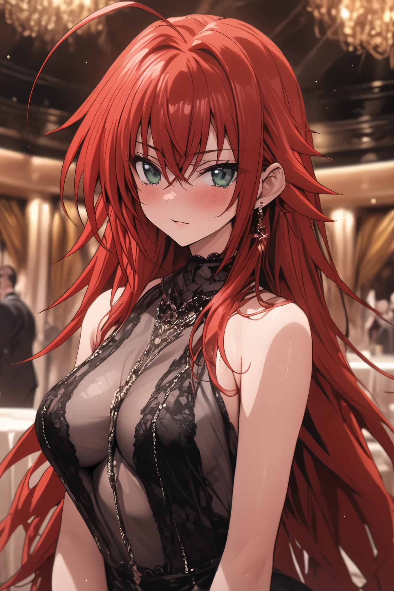 NSFW,masterpiece, top quality, high definition , very detailed, Rias Gremory、Huge ahoge、 long hair、Hair between the eyes、 green eyes、Red Hair, see-through mini dress,Luxurious mansion, party venue 