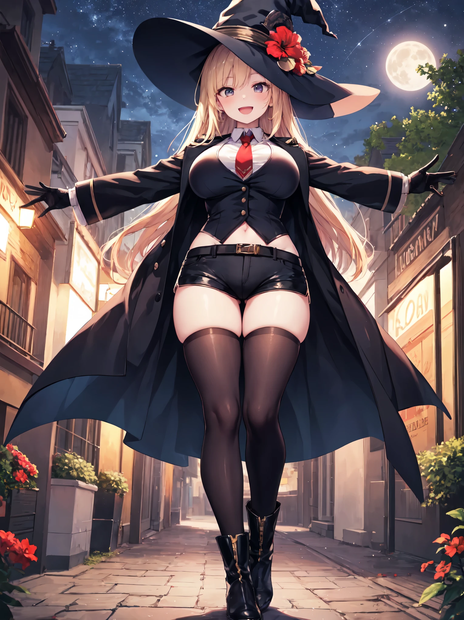 best quality, integrated scenery, integrated background, extremely delicate and beautiful, meticulous details, good composition, , cute face, perfect face, perfect hands,masterpiece, best quality, witch hat, black gloves, striped_thighhighs, looking at viewer, smile, night, trees, black_cats, crows, moon  ,large_breasts,dark_night_town_landscape cutout, looking at viewer, big_smile , old_town,happy,(covered_nipples:0.7),young_teen,full_of_beans,blond_hair,laugh,:D,open_mouth, glower,open_legs,rise_knee,short_shorts,crotch,short_boots,happy, Hooray_posing,rise_arms,large_flower_ornaments,red_tie,closed_black_military_jacket,slender_body