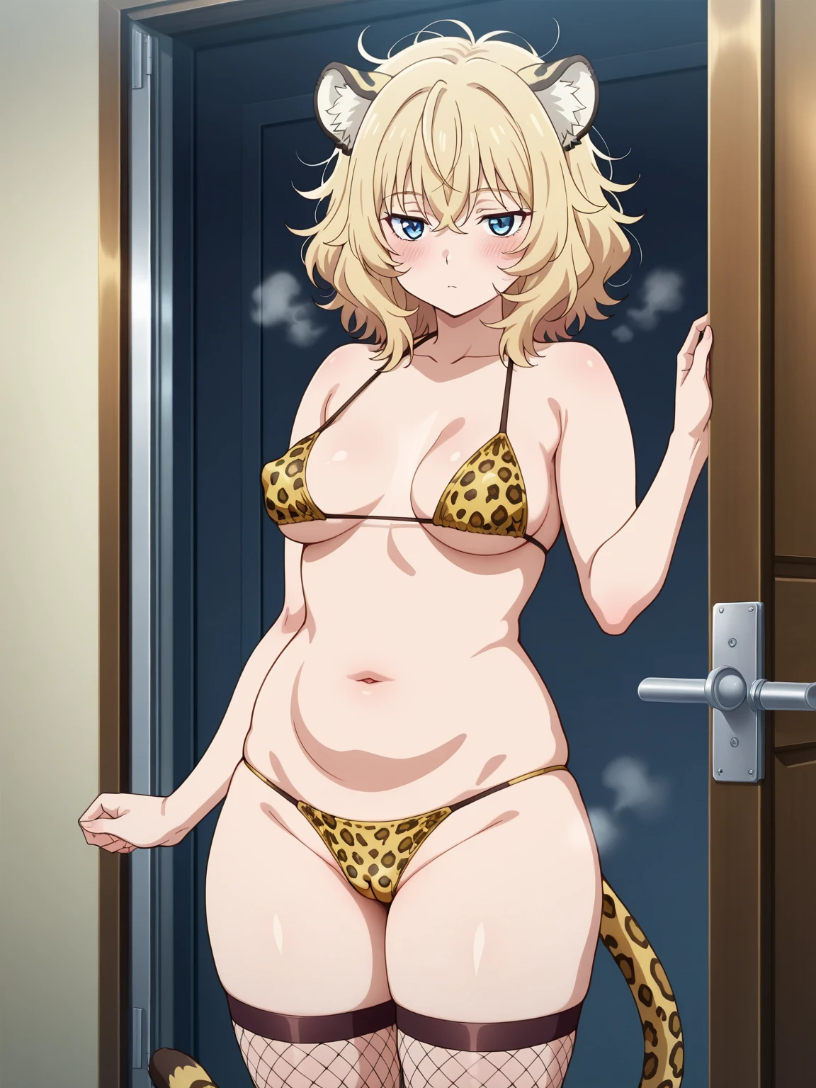 (masterpiece, 4K, highest quality, anime style: 1.9, Detailed face, Lovely, Bold Line, High resolution, anime, alone, Curvaceous, Very slim belly, Cowboy Shot,Leopard print bikini,1 girl,Sakuragi Hand,(Troubled Smile),blush,Photo studio
