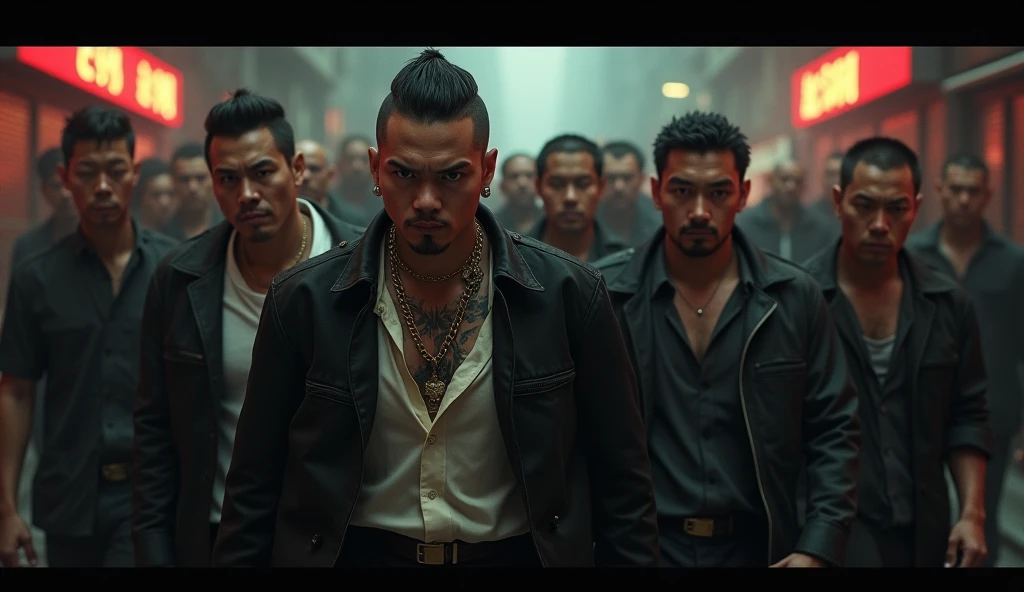 A group of extremely handsome young men, 15 years old, muscular, tattooed, wearing necklaces, long hair, gangster style, romantic, Hong Kong cinema, street scene. Their eyes are filled with sadness and desire to rise. Violent background, smoke and fire. Cinematic lighting, high detail, 8K, artstation, conceptual art, dark fantasy. Photo taken with Canon EOS R5 85mm f/11 camera, ((sharp)) mode of people and surroundings. Image quality ((8K)), ((realistic)), ((masterpiece)), ((sharpest and highest contrast)), ((excellent depth of field)), ((stereoscopic lighting)). ((angry, ferocious)), detailed pores, ((Direct light on the face)), bright sunlight.
