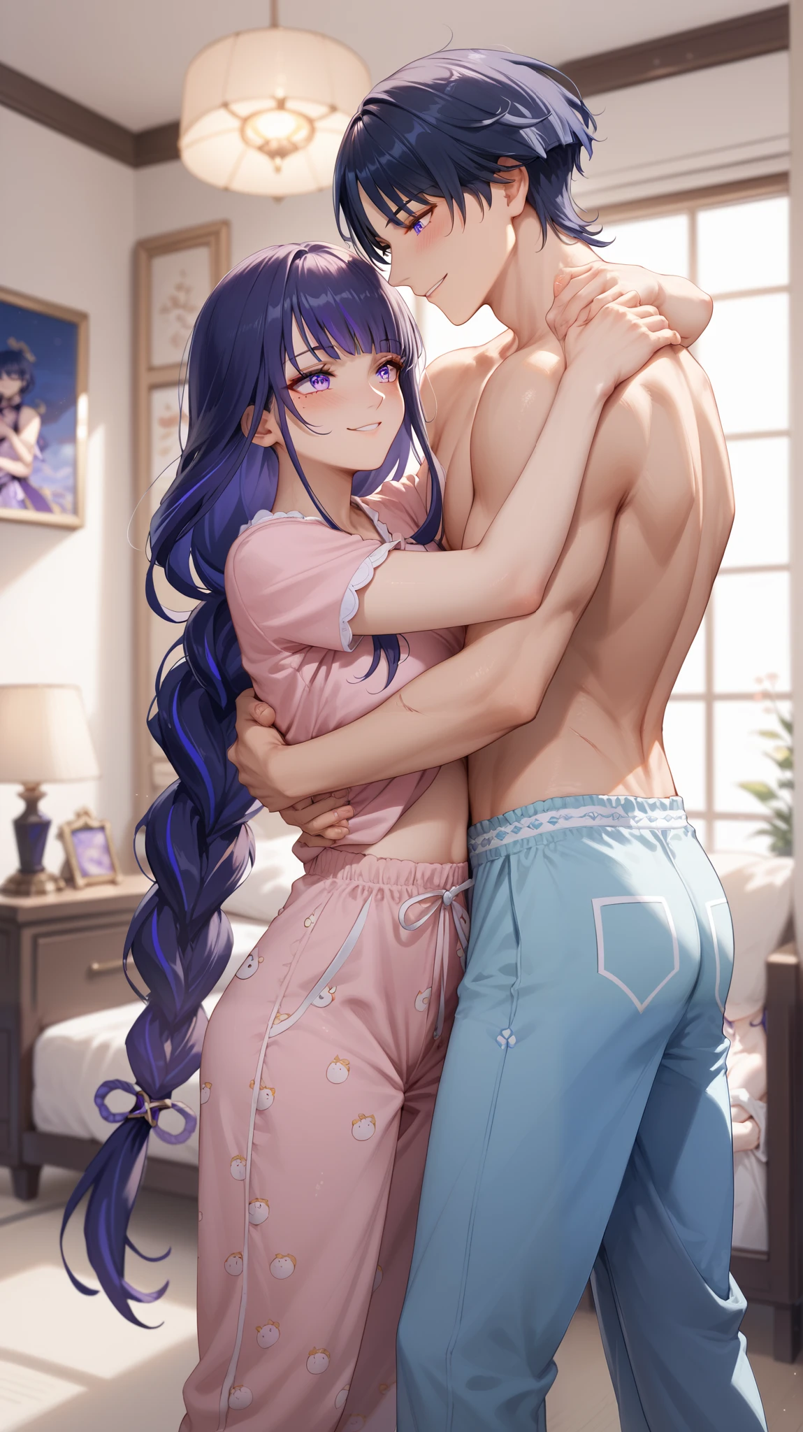 1woman, raiden shogun \(genshin impact\), smile expression face, wearing short sleeves pajama, 1boy, scaramouche \(genshin impact\), topless, wearing long pants, hug, blushing, standing pose, inside room, night