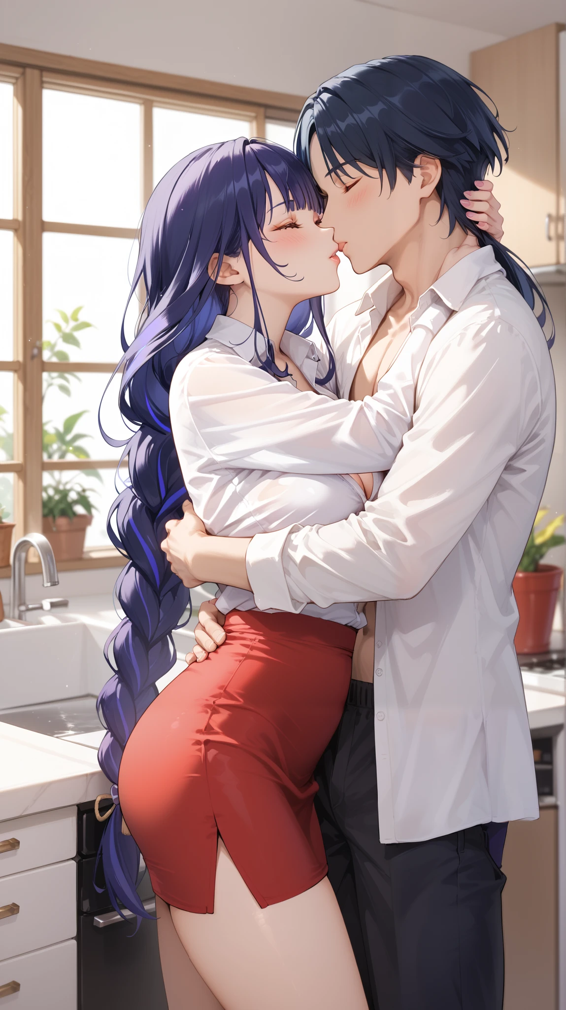 1woman, office lady, raiden shogun \(genshin impact\), wearing white buttoned shirt, cleavage, wearing red short pencil skirt, 1boy, scaramouche \(genshin impact\), wearing pajama, hug, kissing forehead, blushing, standing pose, inside kitchen, morning