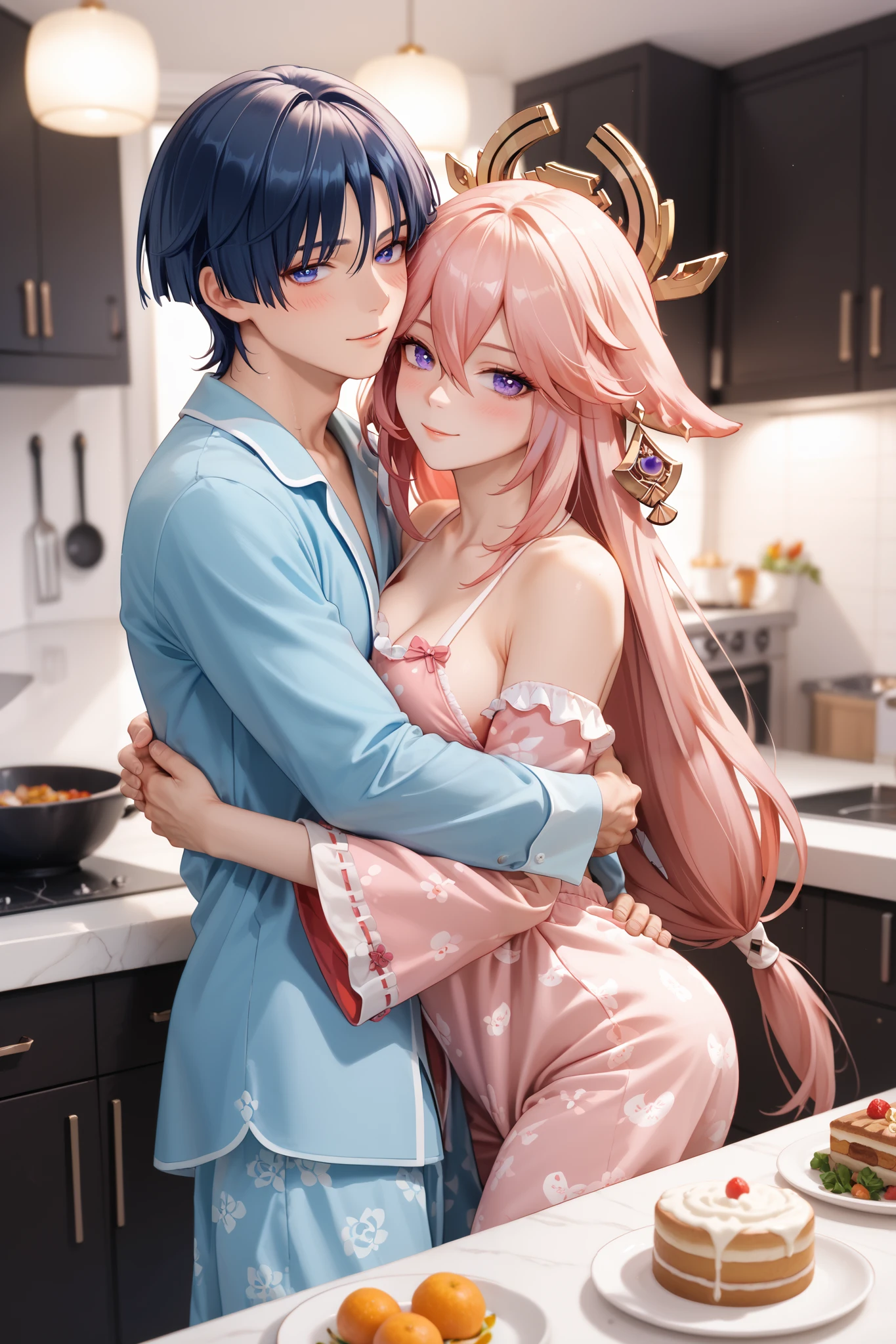 1woman, yae miko \(genshin impact\), wearing open pajama, sit on table pose, 1boy, scaramouche \(genshin impact\), wearing pajama, standing pose, hugging from behind, blushing, inside kitchen, night, semi realistic, Masterpiece, Master work, perfect , 4k, high res, ultrasharp, 8K, masterpiece, looking at the viewer (masterpiece), best quality, expressive eyes, perfect face