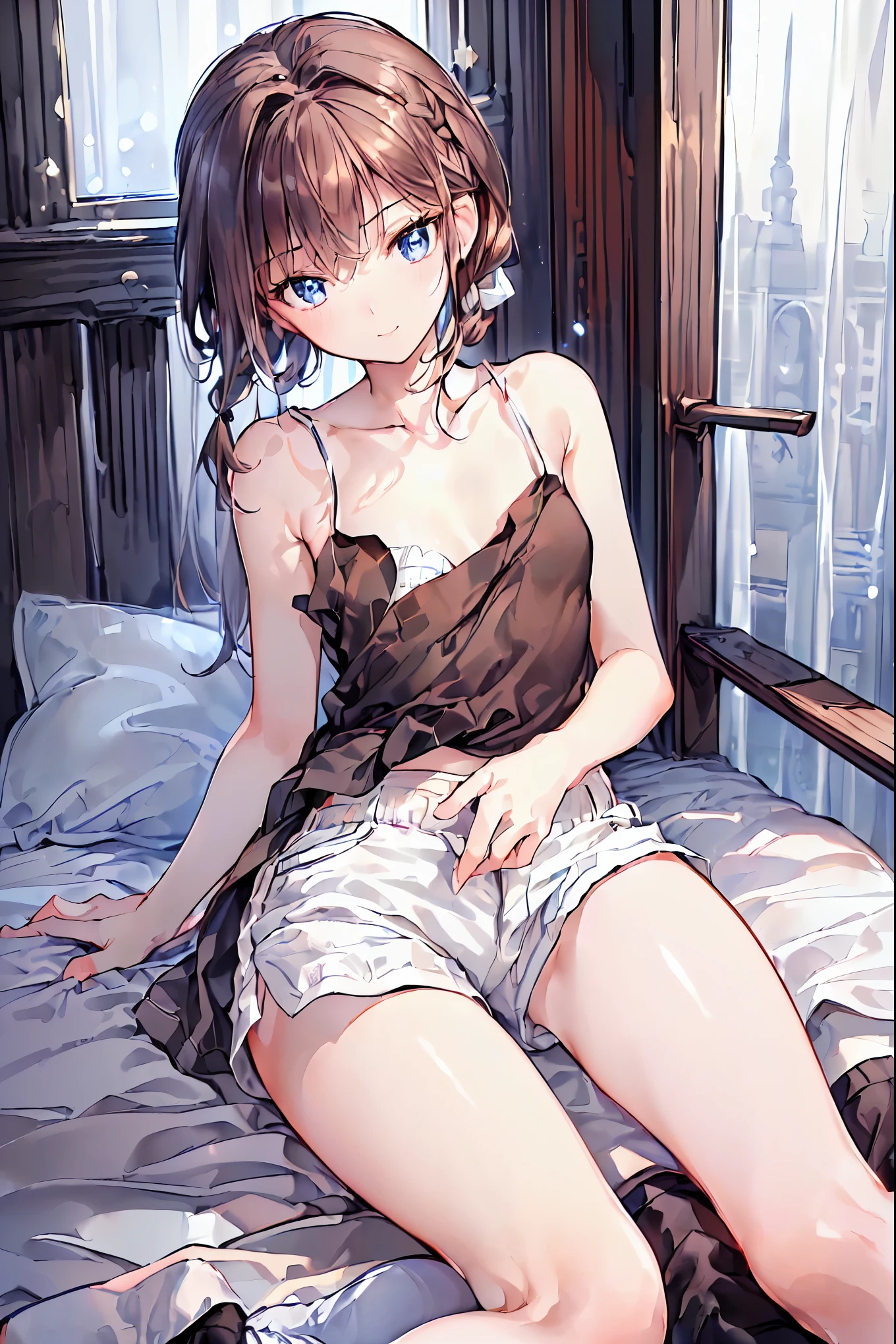   absurd,(masterpiece、  top quality、8k ),   Intricate Details  ,  very detailed bust、1 cute girl、((movie:1.4)),  Embarrassing  、(  flat chested、bulge:2.2( Brown Hair、(   white camisole ,  White Shorts 、  white knee-high socks  :1.3),  on the bed、  surrenders, Perfect Anatomy，Brown Hair，  shortcuts ，  tousled hair， short braided hair，Neat， Slender and beautiful，Correct posture， small breasts，  beautiful legs， Their enchanting gray-blue eyes shine like stars，Droopy eyes，  bright color,   beautiful eyes ,A delicate smile,textured skin,  top quality best ,   gentle and beautiful woman ,  anime style ､