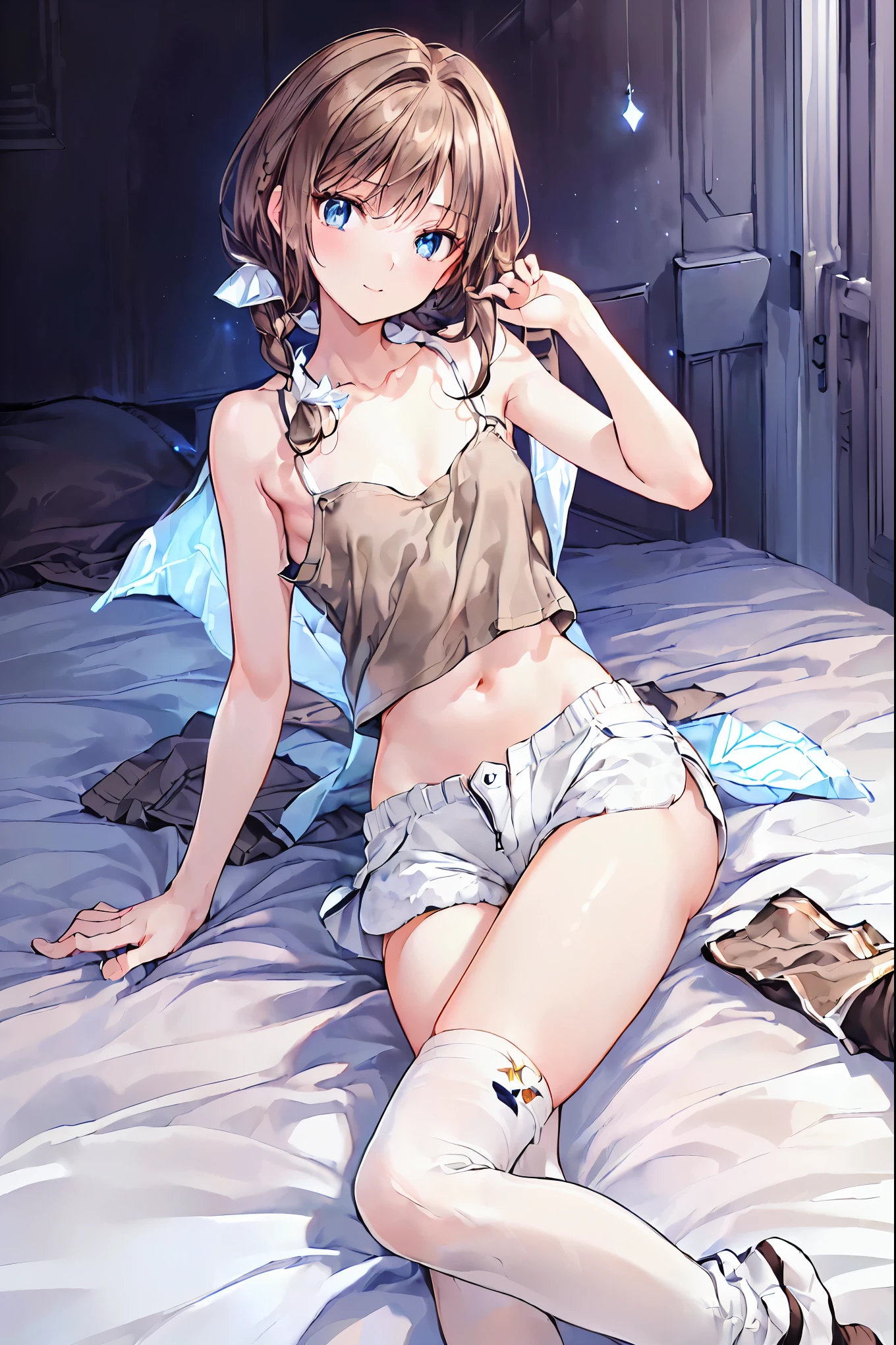   absurd,(masterpiece、  top quality、8k ),   Intricate Details  ,  very detailed bust、1 cute girl、((movie:1.4)),  Embarrassing  、(  flat chested、bulge:2.2( Brown Hair、(   white camisole ,  White Shorts 、  white knee-high socks  :1.3),  on the bed、  surrenders, Perfect Anatomy，Brown Hair，  shortcuts ，  tousled hair， short braided hair，Neat， Slender and beautiful，Correct posture， small breasts，  beautiful legs， Their enchanting gray-blue eyes shine like stars，Droopy eyes，  bright color,   beautiful eyes ,A delicate smile,textured skin,  top quality best ,   gentle and beautiful woman ,  anime style ､