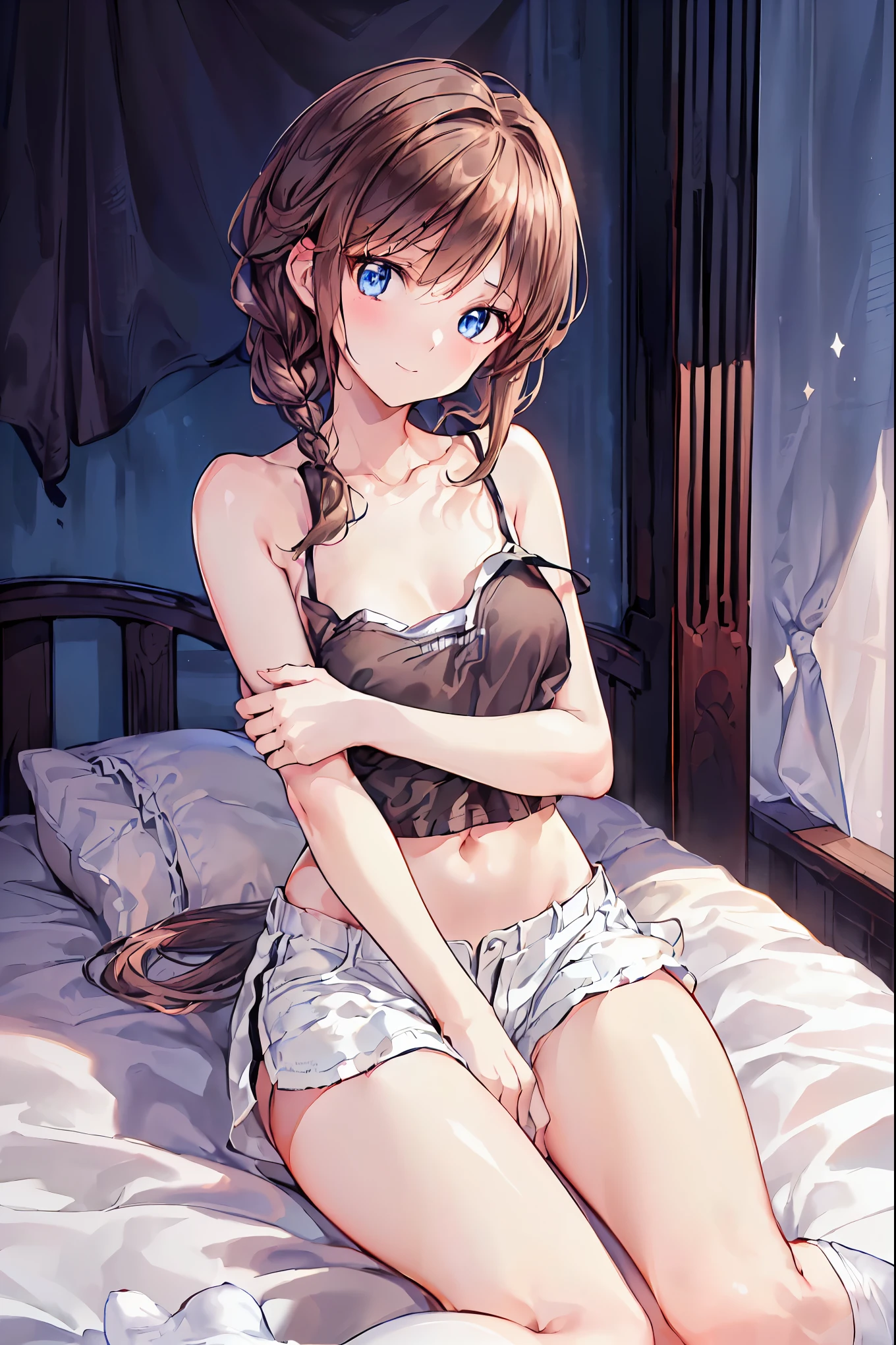   absurd,(masterpiece、  top quality、8k ),   Intricate Details  ,  very detailed bust、1 cute girl、((movie:1.4)),  Embarrassing  、(  flat chested、bulge:2.2( Brown Hair、(   white camisole ,  White Shorts 、  white knee-high socks  :1.3),  on the bed、  surrenders, Perfect Anatomy，Brown Hair，  shortcuts ，  tousled hair， short braided hair，Neat， Slender and beautiful，Correct posture， small breasts，  beautiful legs， Their enchanting gray-blue eyes shine like stars，Droopy eyes，  bright color,   beautiful eyes ,A delicate smile,textured skin,  top quality best ,   gentle and beautiful woman ,  anime style ､