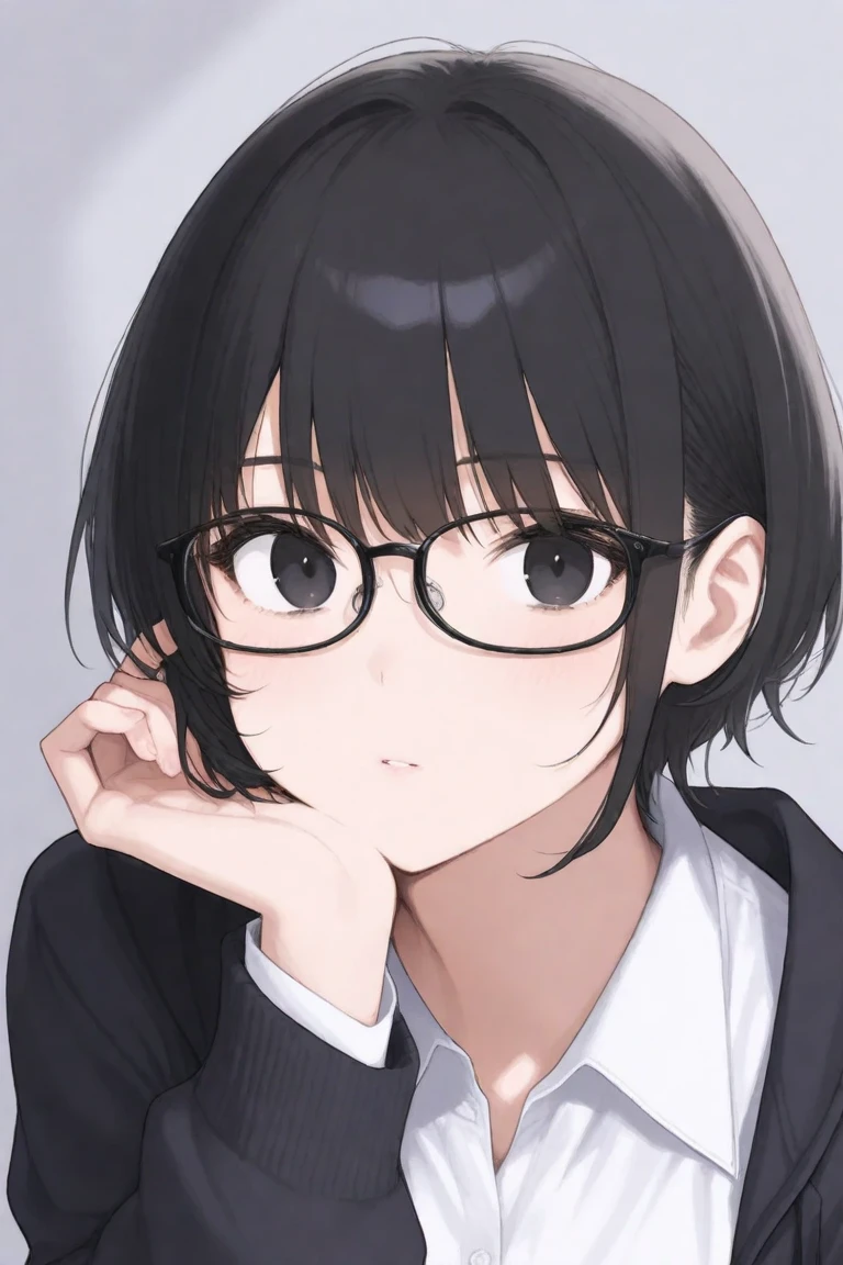  a woman about 20 years old 、 dark eyes、 short black hair、Glasses