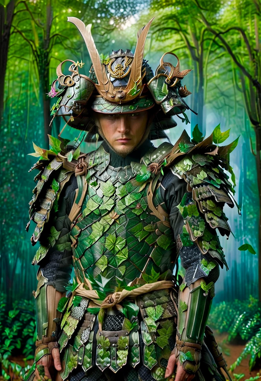 one white man, blonde hair, whole body head to feet, looking at viewer, stands upright, hands down, Samurai Armor and helmet,Armor and helmet are made of green moth and leaves,Armor color all green with made of green leaves,no metal,shiny armor, deep forest background,8K, realism