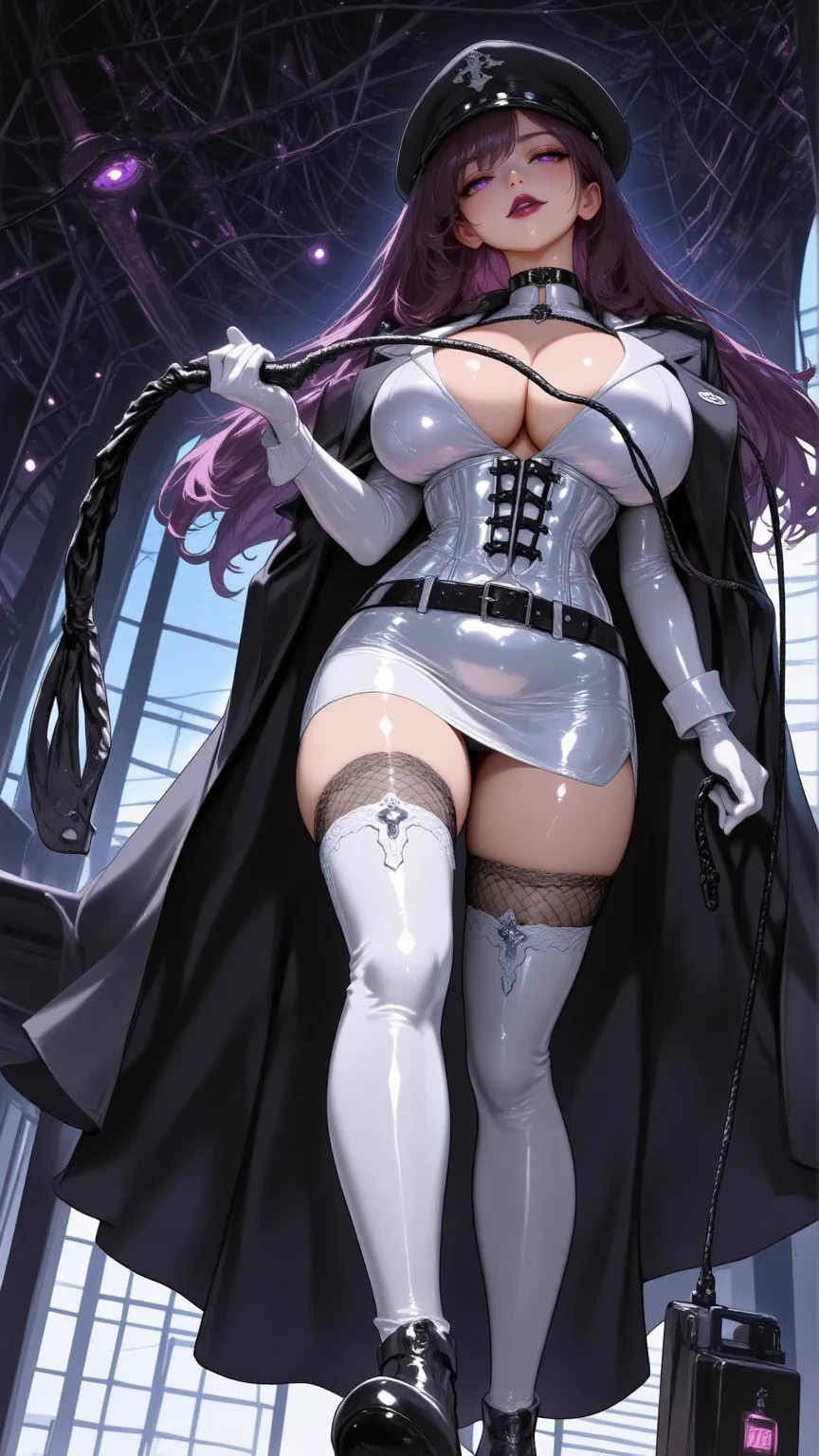 One young and beautiful woman,(masterpiece:1.3, top quality:1.3, very detailed depiction:1.3, Incredibly Absurd High Definition :1.3,Curvaceous Body,Beautiful legs,High quality skin),(Female executive of an evil organization:2.3),(shiny white bondage corset with intricate structure:2.0,White Latex Tight Skirt :2.0,military hat,Military cloak,Black leather belt, leather thigh-high boots, long gloves, leather chokers ,White tights),(Purple Eyes,Crazy Eyes:2.0, your eyes are half closed:2.0, big breasts, bewitching smile:2.3,Shiny purple lips,Shadowed face,Seductive gestures, holding a whip in her hand :2.0), full body image , is opening her mouth,background:Bedroom at night,Dim atmosphere, side view:2.0,profile:2.0