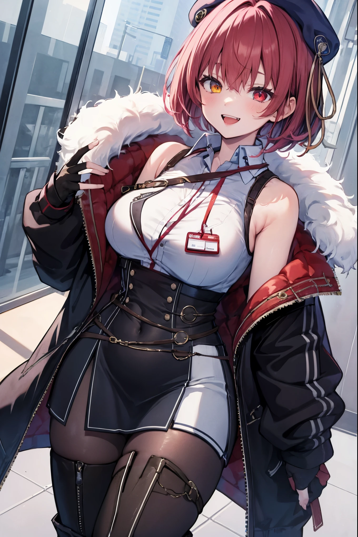 ((Masterpiece)), (Best Quality), marine_beret, Collared_White_Shirt, Sleeveless, High-waisted Skirt, Pantyhose, Blue Jacket, Fur Embellishment, Fingerless Gloves, ID Card, Solo,marine_officer,, black pantyhose, black gloves, thigh boots, beret,houshou_marine,heterochromia, red eyes, orange eyes,open_mouth,big_smile,evil_smile,fang,large_breasts,,office_landscape,red_short_hair,(plump:0.7),open_mouth,tongue, slouch,,grin,evil,