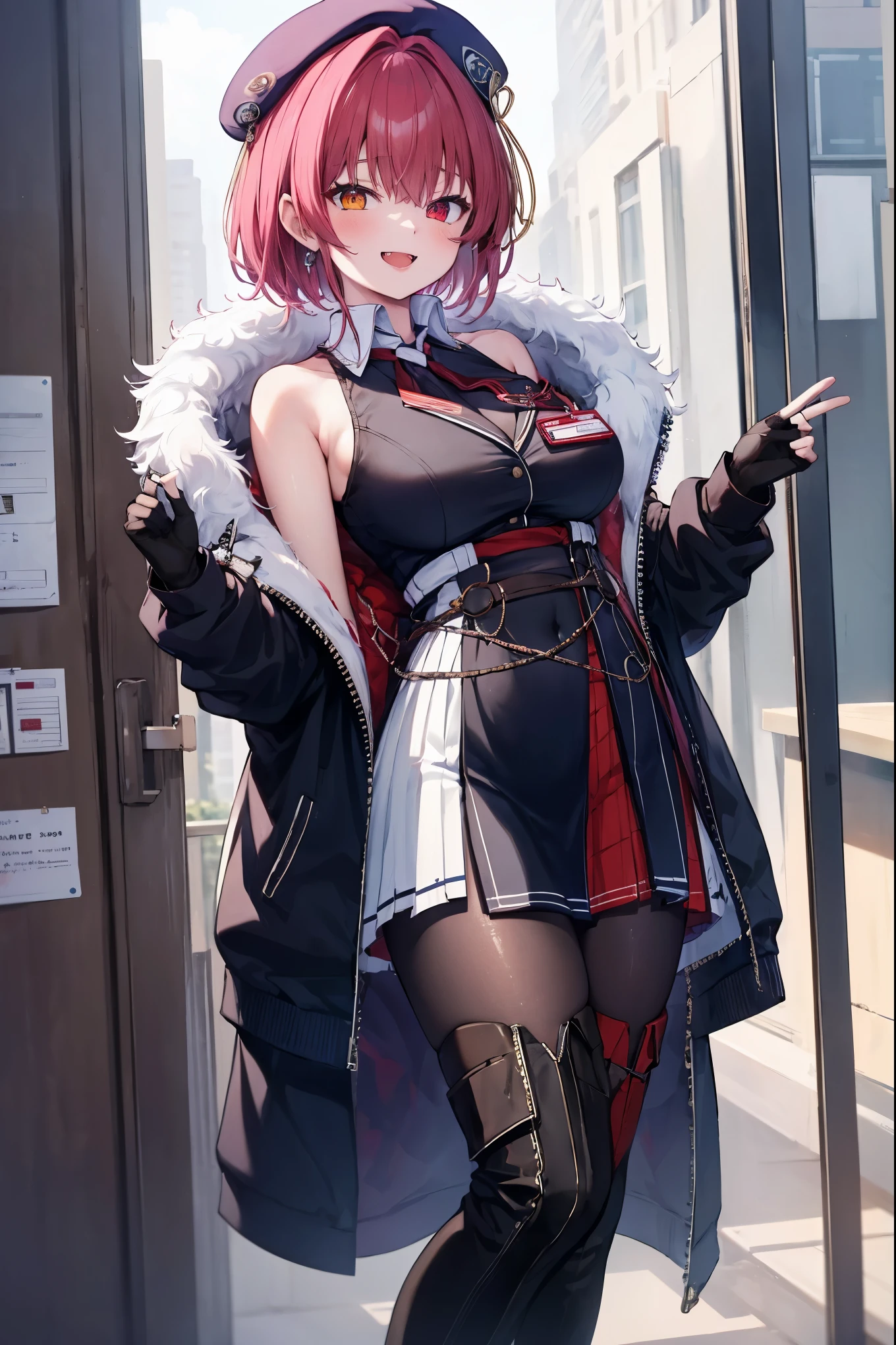 ((Masterpiece)), (Best Quality), marine_beret, Collared_White_Shirt, Sleeveless, High-waisted Skirt, Pantyhose, Blue Jacket, Fur Embellishment, Fingerless Gloves, ID Card, Solo,marine_officer,, black pantyhose, black gloves, thigh boots, beret,houshou_marine,heterochromia, red eyes, orange eyes,open_mouth,big_smile,evil_smile,fang,large_breasts,,office_landscape,red_short_hair,(plump:0.7),open_mouth,tongue, slouch,,grin,evil,