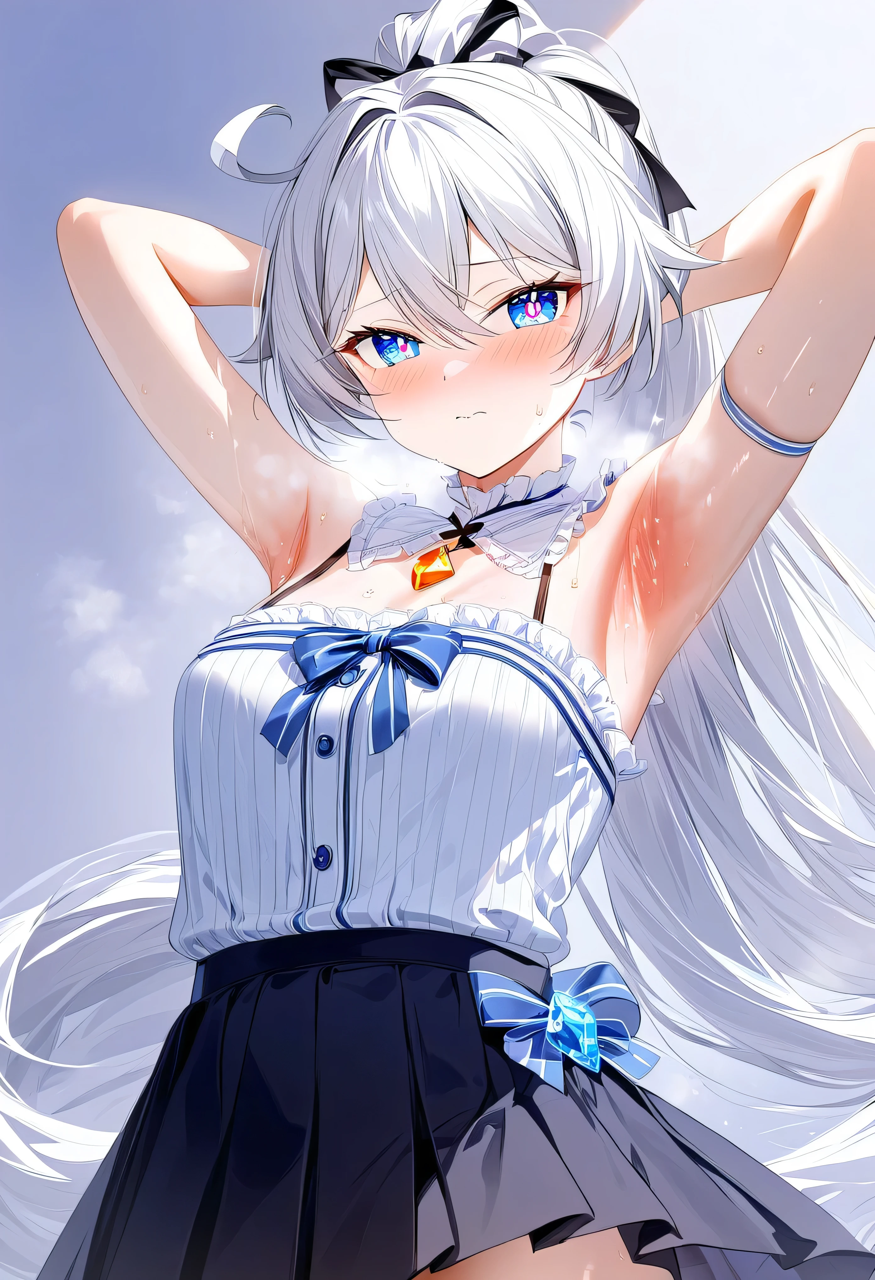 score_9, score_8_up, score_7_up, masterpiece, best quality, very aesthetic, absurdres, 1girl, adult grown woman, solo, kiana kaslana \(honkai impact 3rd\), herrscher of finality, white hair, ahoge, ponytail, long hair, blue eyes, symbol-shaped pupils, blush, closed mouth, heavy breathing, cute anime outfit, light blue ruffled blouse, navy blue ribbon bow with golden pendant, cold-shoulder sleeves, high-waisted pleated black skirt with white trim, asymmetrical white inner pleat, black thigh garter with blue crystal charm, striped blue and white thigh-high sock, detailed stitching, subtle fabric textures, matching navy hair ribbon, modern fantasy casual style, armpits, detailed armpits, spread armpit, fingers on own armpit, sweat