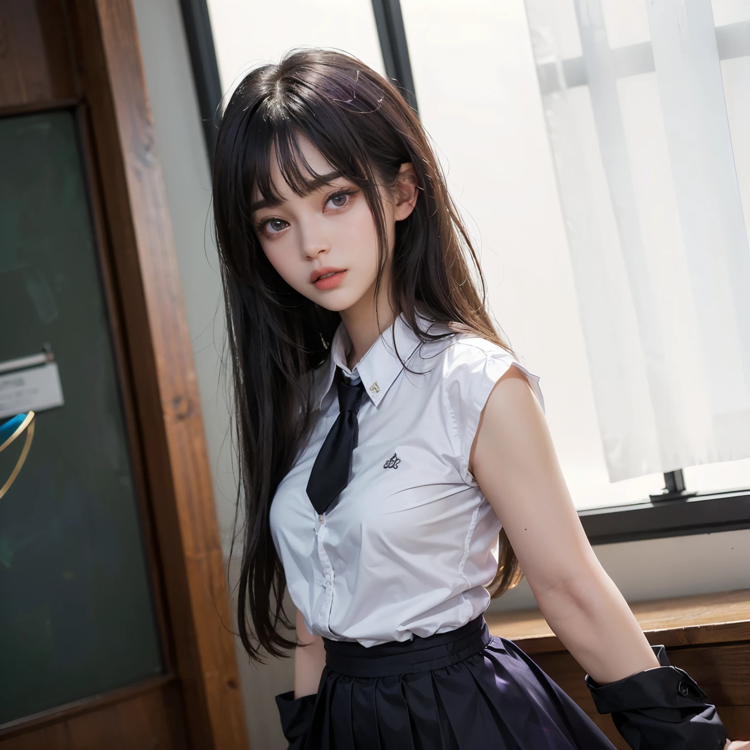 best qualtiy，tmasterpiece，超高分辨率，（realisticlying：1.4），RAW photogr，（True skin texture：1.3），（filmgrain：1.3），in a panoramic view，1girll，figure portrait，cinmatic lighting，shadowing，Very wide lens，（pony tails：0.8），a narrow waist，Tyndall effect，vacant eyes，Beautiful details for eyes and face，White short school uniform black skirt，with brown eye，waist_up，The upper part of the body，
