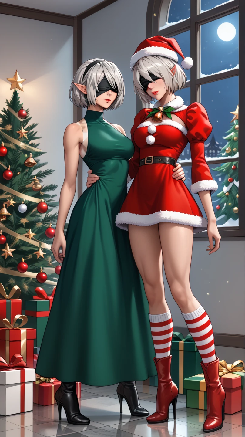 (((1 girl))), (Tatsumaki of a punch man), (short green hair), (green eyes), small chest, (((wearing sexy Santa Claus outfit))), (whole body view), (in the motel room), (((slender, muscular legs))), thin waist, stomach muscles, big ass, (((full body photo))), black high heel shoes, (standing with one eye closed and showing his tongue very sensual), (((very sensual expression))), {{{kissing his friend}}}, (grabbing his friend's breasts), (Yuri), (HDR), eye reflection, eyes extended, extended eyes, Moody, anime, minimalism, anime style, ray tracing, Cinematic lighting, Cinematic lighting, shine, shine, JPEG artifacts, bright light, god rays, ray tracing, drop shadow, panorama, Sony FE, from behind , Underneath, Underneath, UHD, piece of master, precise, accurate, anatomically correct, Super Detail, high quality, best quality, very high, 16k