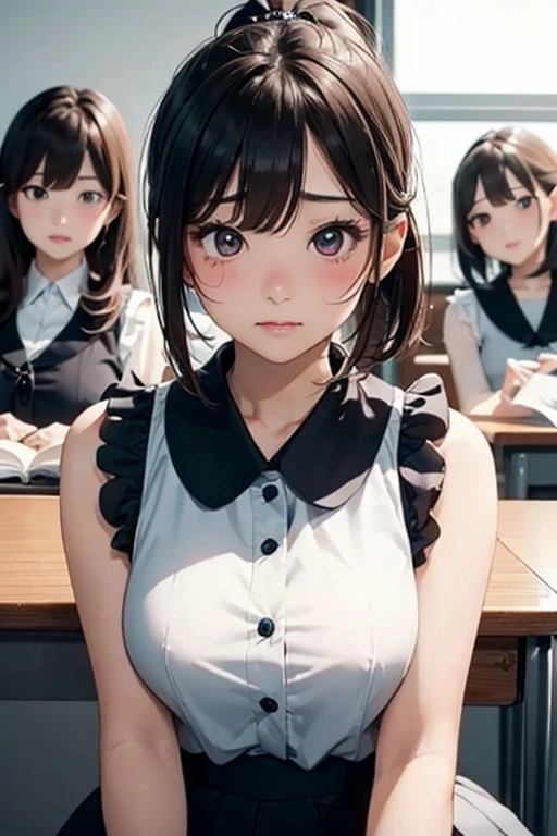 Mommy with 4 daughters,black hair, long hair, (hair over one eye:1.4), messy hair, hair between eyes, chubby cheek,Sexy lips, pucker lips