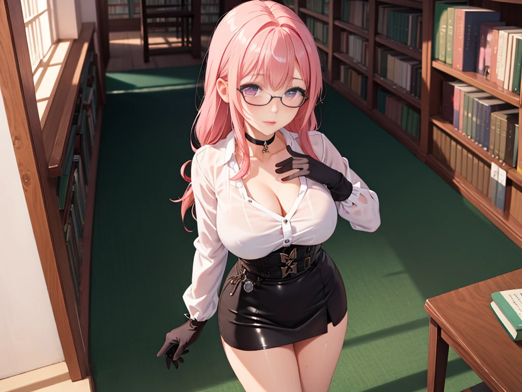 1 girl, Yanagi Tsukishiro , Alone, standing,  dynamic pose ,  beautiful breasts , sensual lips,  pink hair,  seen from above,  looking at the spectator,  beautiful eyes ,  detailed eyes , purple eyes, simple samurai shoulder pad , glasses,  choker :1.6, ( black gloves),  shiny high waist mini skirt,  white shirt with ,  dark green neck strap,  shy expression , Gothic style library ,  dark gothic style 