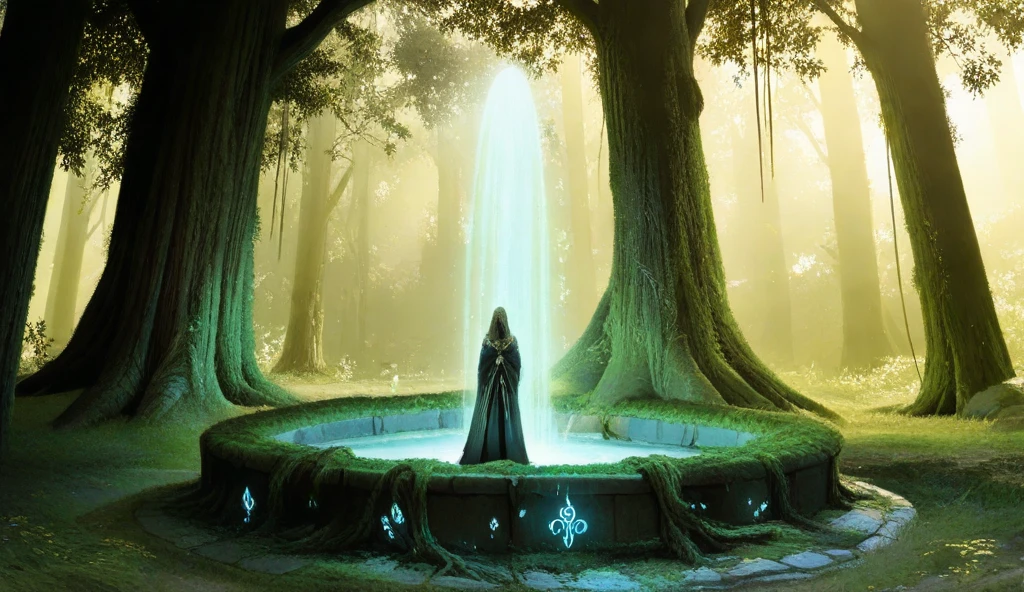 Create a breathtaking illustration of an enchanted forest infused with ancient magical energy. In the heart of the forest lies the Sacred Fountain, a shimmering pool of mystical water emanating a soft, ethereal glow. The fountain is surrounded by intricate stone carvings, glowing runes, and overgrown vines, emphasizing its ancient origins. Eight unique representatives from different tribes—each dressed in distinct ceremonial attire reflecting their culture—gather solemnly around the fountain, preparing for the great competition to determine the new guardian of the forest.

In the background, towering ancient trees with glowing leaves form a protective canopy, and various magical creatures peek from the shadows, adding life to the scene. Above it all, the current Queen of the Forest, a regal figure with an aura of wisdom and authority, watches from her throne carved into a massive tree trunk, her appearance radiant and commanding, yet tinged with sorrow for the ending of her era. The setting conveys a mix of reverence, anticipation, and the timeless balance of nature and magic.

Add subtle details that hint at the fountain’s waning power, such as cracks in the stones and dimming light. The atmosphere should feel mystical, with soft golden sunlight filtering through the treetops, illuminating the gathering with a sense of destiny.