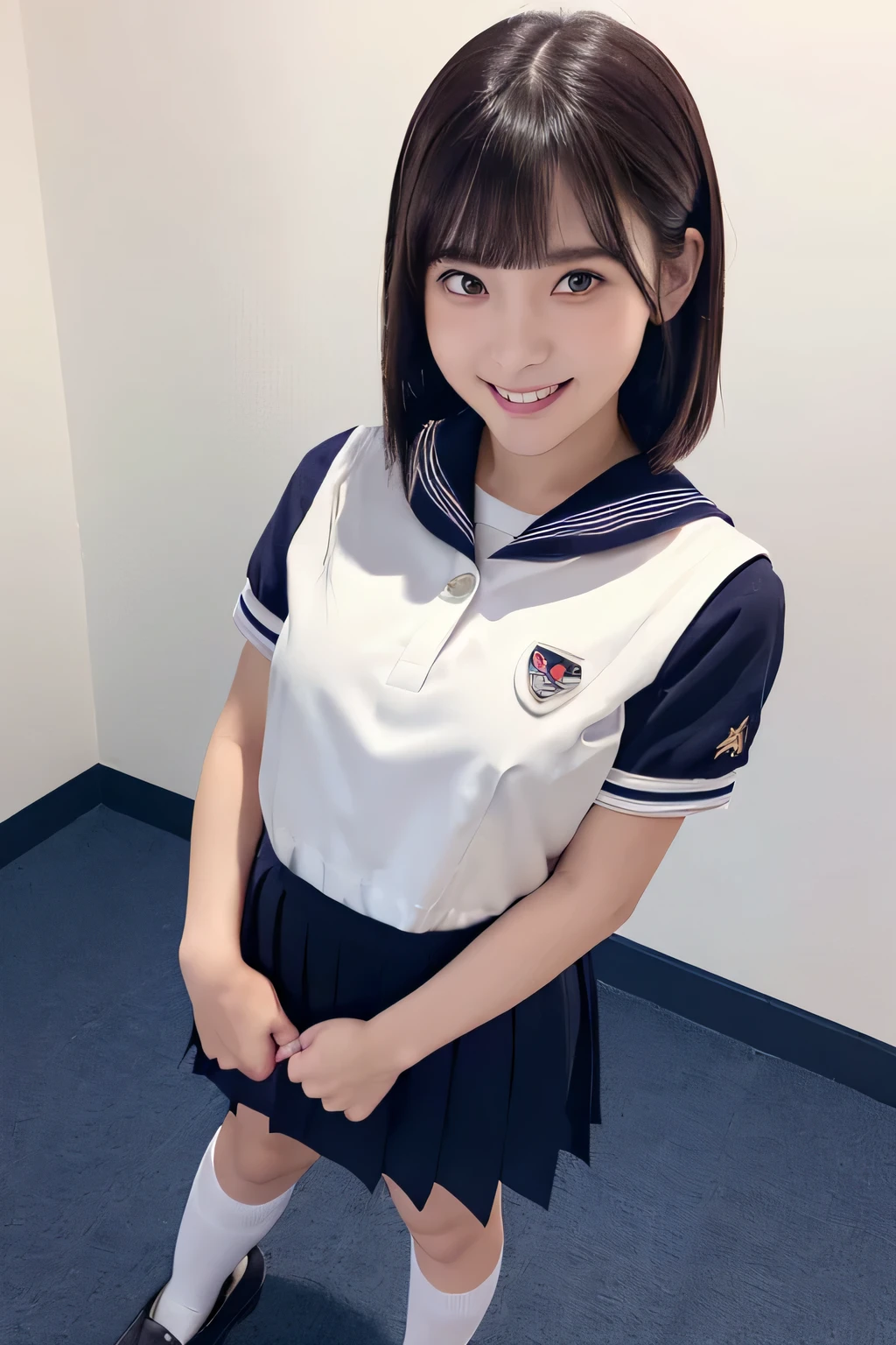 (masterpiece:1.3),(best quality:1.4),ultra high res,(detailed eyes),(detailed facial features),(detailed clothes features),HDR,8k resolution, solo focus, bangs, skin tight, (shiny skin),(slender girl),dreamlike,
(extreme detailed illustration),check commentary,commentary request,scenery,no text,
VirtualGirl-Rin, happy, smile, (small breasts), bangs, bob hair, short hair, brown hair, brown eyes, black choker,
1girl, 
student, schoolgirl, white high school uniform,sailor suit,dark red pleated skirt, stockings,sneakers,