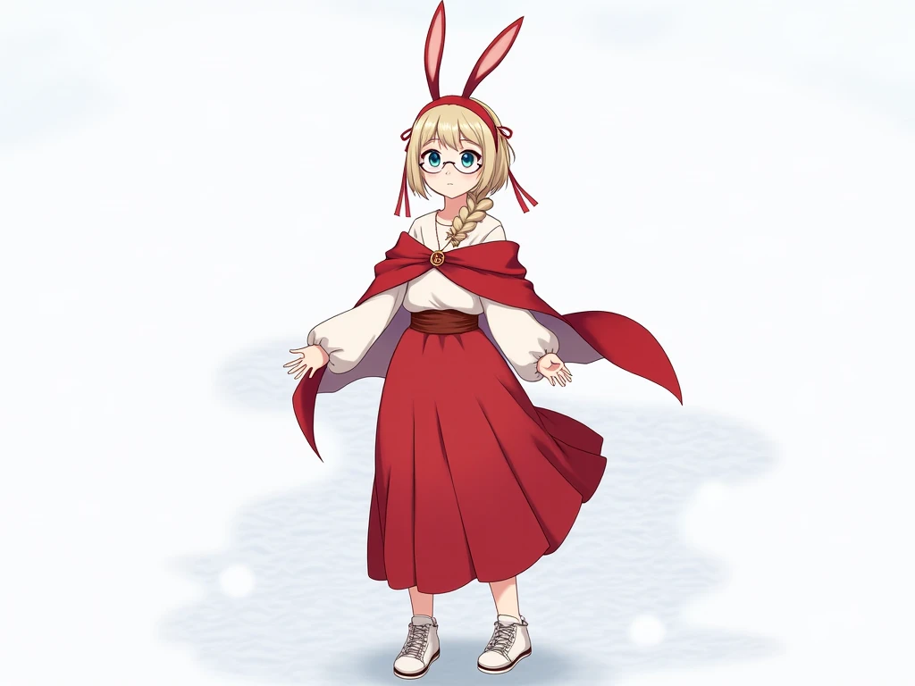 Girl with light hair, blue eyes, one-sided braid, wearing clear glasses, rabbit ears, red headdress, red shawl, white long sleeve blouse, red long skirt, white sneakers, virtual image, snow, simple background,