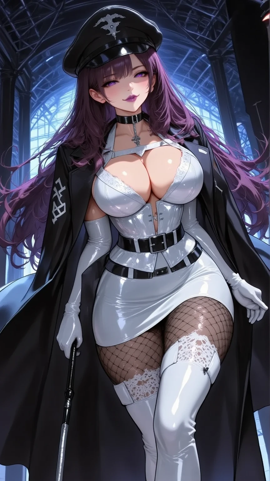 One young and beautiful woman,(masterpiece:1.3, top quality:1.3, very detailed depiction:1.3, Incredibly Absurd High Definition :1.3,Curvaceous Body,Beautiful legs,High quality skin),(Female executive of an evil organization:2.3),(shiny white bondage corset with intricate structure:2.0,White Latex Tight Skirt :2.0,military hat,Military cloak,Black leather belt, leather thigh-high boots, long gloves, leather chokers ,White tights),(Purple Eyes,Crazy Eyes:2.0, your eyes are half closed:2.0, big breasts, bewitching smile:2.3,Shiny purple lips,Shadowed face,Seductive gestures, holding a whip in her hand :2.0), full body image , is opening her mouth,background:Bedroom at night,Dim atmosphere, side view:2.0,profile:2.0