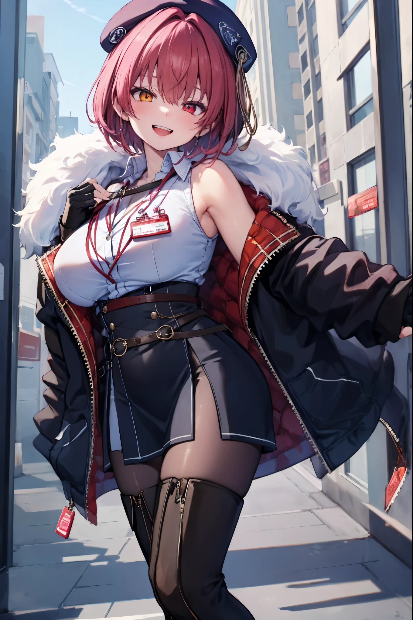 ((Masterpiece)), (Best Quality), marine_beret, Collared_White_Shirt, Sleeveless, High-waisted Skirt, Pantyhose, Blue Jacket, Fur Embellishment, Fingerless Gloves, ID Card, Solo,marine_officer,, black pantyhose, black gloves, thigh boots, beret,houshou_marine,heterochromia, red eyes, orange eyes,open_mouth,big_smile,evil_smile,fang,large_breasts,,office_landscape,red_short_hair,(plump:0.7),open_mouth,tongue, slouch,,grin,evil,