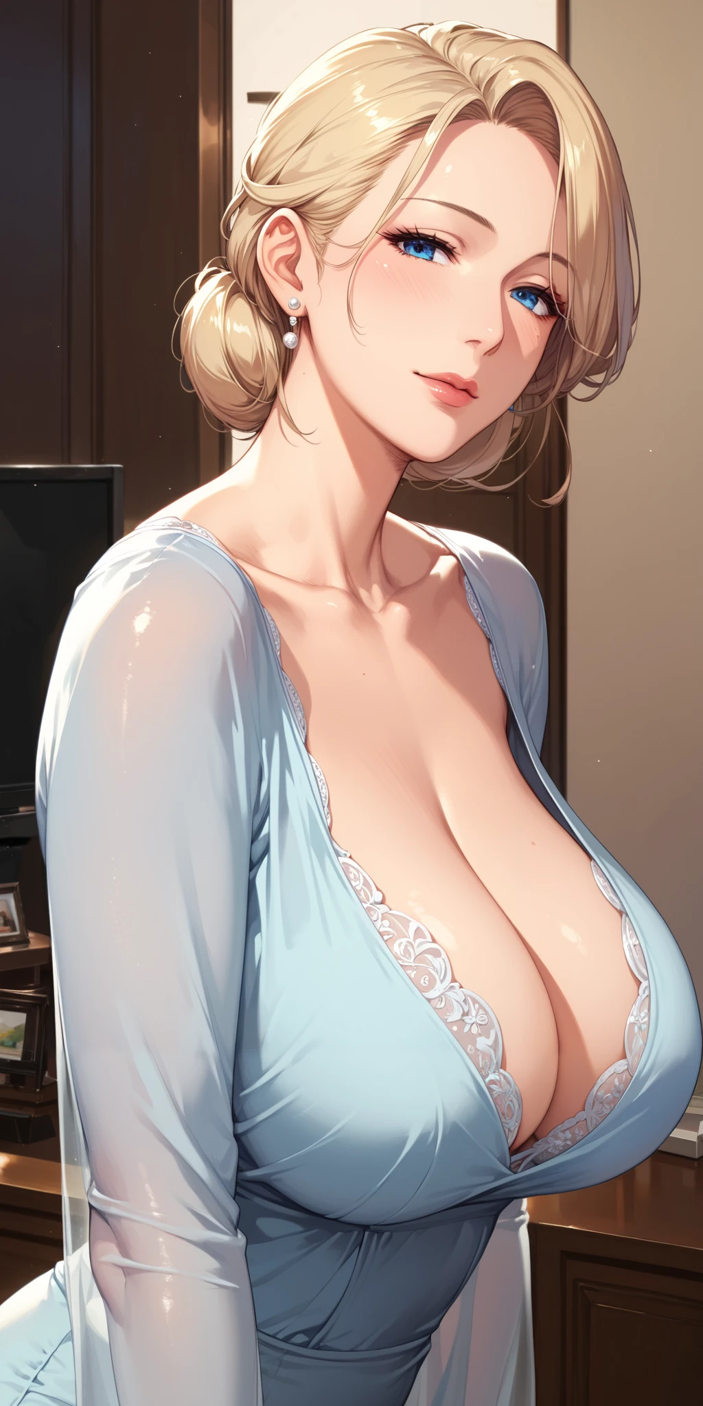 score_9, score_8_up, score_7_up, blonde, chignon, blue eyes, perfect eyes, anime milf, elegant mature woman, home, soft light