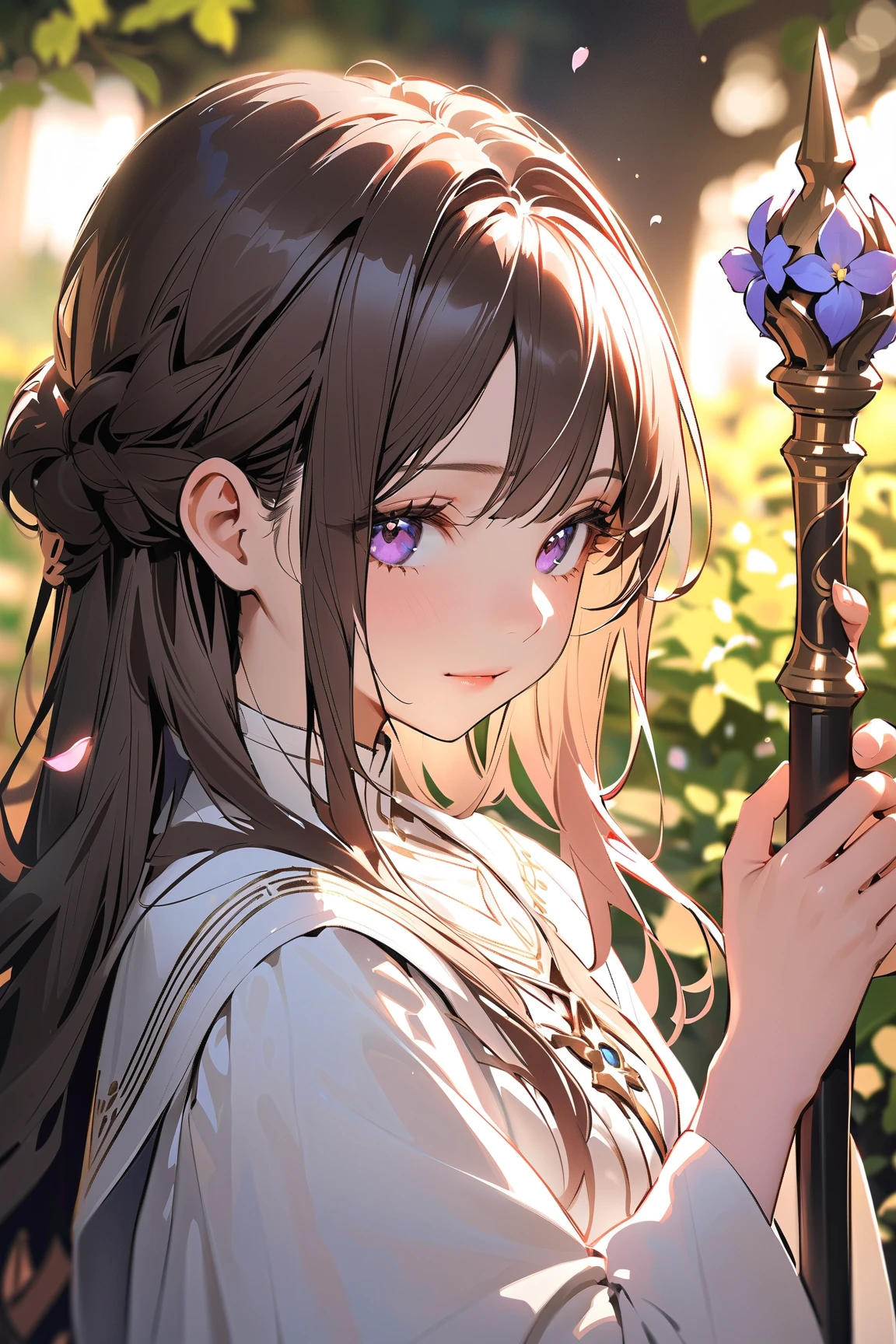 1 girl, (serene face), young adult, wavy long hair, (dressed in a cleric's gown with holy symbols), small breasts, petite, (holding a glowing mace),  
BREAK  
picturesque path adorned with colorful flower petals, peaceful garden in the background, (gently touching flowers:1.2)  
BREAK  
(soft, diffused light, warm tones), tranquil atmosphere, close-up shot, character focus,  
BREAK  
fantasy art, absurdres, highres, ultra detailed, beautiful, (masterpiece), (best quality:1.2)
