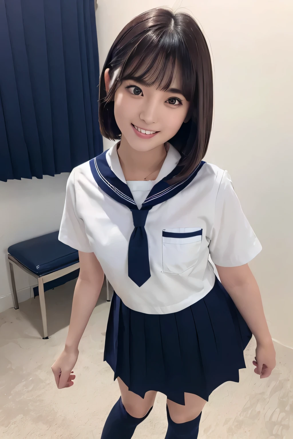  highest image quality taken by Ki、HDR、 white short sleeve sailor suit、((Long tight skirt that hides the knee in plain navy blue ))、((( navy high socks )))、(( Black Loafers ))、(( full body photo of standing up to the feet))、Cute high school girls、Height: 160cm、 smile like an idol、 smiling and smiling、 professional writing、((Plain background))、(( highest image quality taken by Ki)),((Beautiful double eyelids ))、（ long lashes）、(( dark brown shiny hair ))、((Model Face Change ))、 Very Short Hair、((silver cherry pin badge on collar))、D Cup、(( best smile ))、As cute as a popular idol、(( navy blue plain super long tight skirt))、 idol-like face 