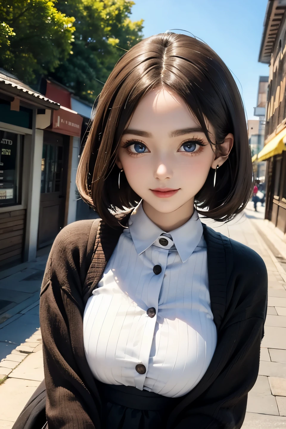 top quality , detailed face , cute face, Masterpiece , lady, cap, ((bold, slicked back)), forehead, smile , outdoor, open cafe, brown silky super short hair, side lock , black and white gothic clothing, beautiful shiny bangs, big clear sky-like blue eyes, A very beautiful light emphasis on the eyes, earrings, she has big breasts, cardigan, leaning forward, slim waist