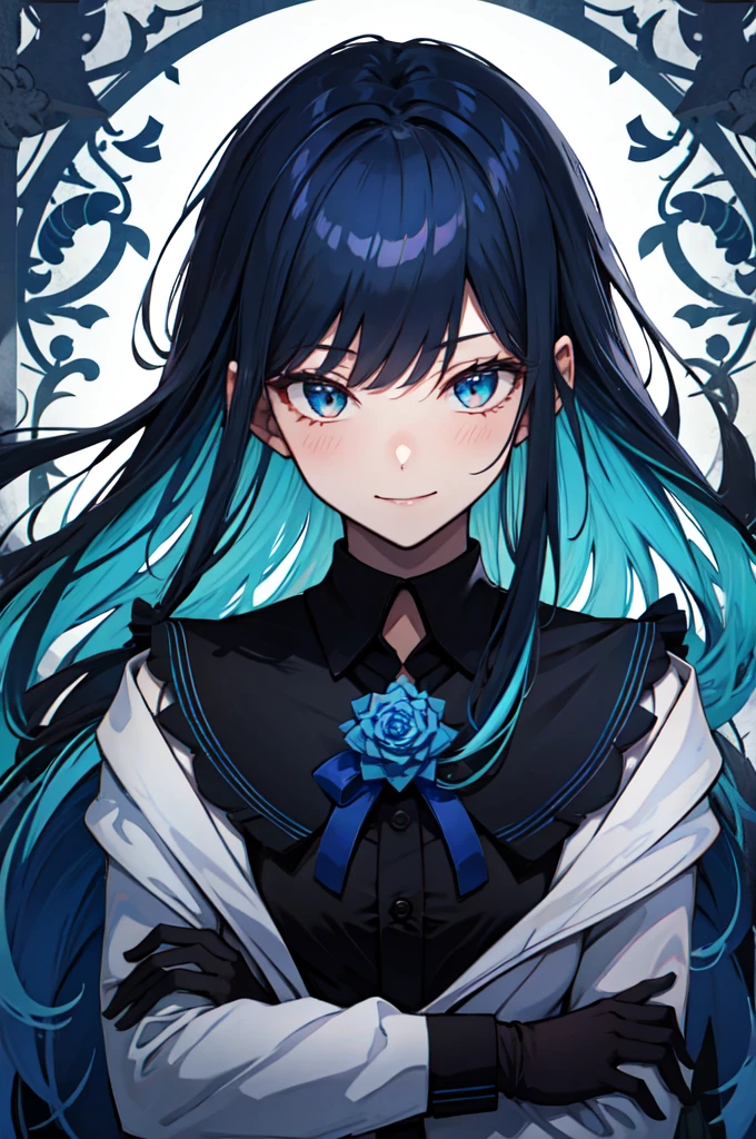 (masterpiece,  top quality:1.2),   Intricate Details  , ,  1 girl , bangs,  blue hair,  blue flower,  gloves,  Long Sleeve , Multicolored Hair,  long hair,  jacket,  colored shirt ,   light smile, ( mature woman:1.2)