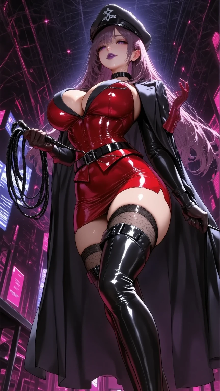 One young and beautiful woman,(masterpiece:1.3, top quality:1.3, very detailed depiction:1.3, Incredibly Absurd High Definition :1.3,Curvaceous Body,Beautiful legs,High quality skin),(Female executive of an evil organization:2.3),(shiny red bondage corset with intricate structure:2.0,Red Latex Tight Skirt :2.0,military hat,Military cloak, leather belt , leather thigh-high boots, long gloves, leather chokers ,Red tights),(Purple Eyes,Crazy Eyes:2.0, your eyes are half closed:2.0, big breasts, bewitching smile:2.3,Shiny purple lips,Shadowed face,Seductive gestures, holding a whip in her hand :2.0), full body image , is opening her mouth,background:Bedroom at night,Dim atmosphere, view from above:2.0, forward leaning position:2.0