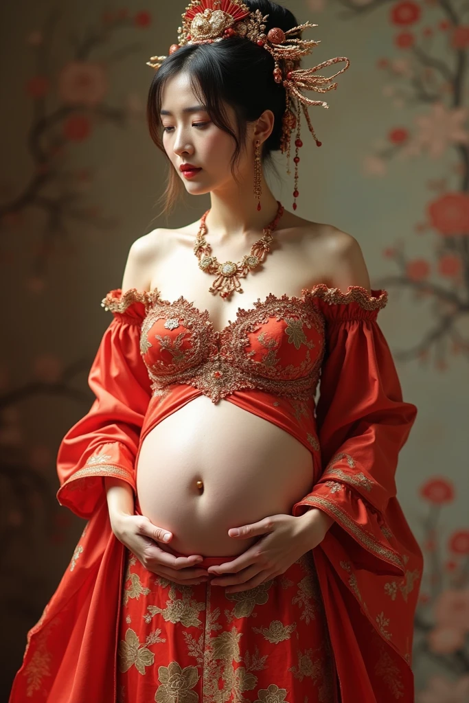 ((top-quality、masutepiece、8K、Top image quality、Highly complex and detailed depictions))、(Chinese queen full body photo:1.3)、late pregnancy、Bulging belly、pregnant queen、The gorgeous city of Chang'an at night、((The most gorgeous Chinese queen's huge costume、the most vivid and luxurious costumes、big long costume、The most luxurious and huge capital of Chang'an、An unimaginably luxurious building、A very luxurious and huge city、huge city at midnight、Very complex decoration、very clear huge architecture))、(View me、Bewitching smile、Perfect makeup、long eyelashes、lipsticks、Vibrant eyeshadow、perfect anatomia、A slight smil)、(Clear and luxurious capital background:1.3)、the biggest smile when you look at me、beautiful smiling face、smiling queen、Princess hairstyle、A city with a clear background、Depth of field is deep、A city with a clear background