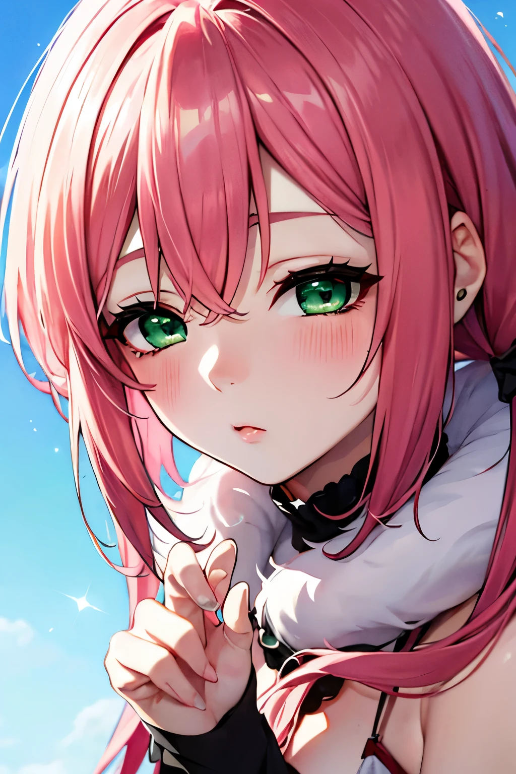  ,  pink hair,  gradient hair , ( green eyes:1.5),  hair between eyes , low  Twin Tails , Multicolored Hair,  pink hair,  side lock,  Twin Tails , (masterpiece), delicate,  very detailed, (watercolor), flowering,  illustrations, ( 1 girl :1.4), (Alone:1.2), (  beautiful eyes , Shiny eyes,  pink eye,  with semi-closed eyes ), ( fluffy hair ), photograph,  Studio Quality ,  fisheye lens, ( top quality, Blushed, Sparkling,  pubic skin,  super detailed ), ( Santa costume with fur and bonbon and cape,Red and green mini dress ), cute, ( detailed background,  complex background,  blue sky, Angels, heaven), ( perfect face,  detailed face ,  detail eyes,perfect hand,Perfect means),  cowboy shot that points to the sky, ((8k wallpaper))