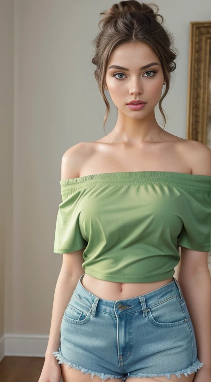 naked body, sitting, open legs, you can see his genitals, I was full, 1 girl, aquamarine eyes, baseball cap, by rubio, Closed mouth, earrings, green background, has, hoop earrings, jewelry, looking at the viewer, shirt, short hair, simple background, Alone, Upper part of the body, yellow shirt ,