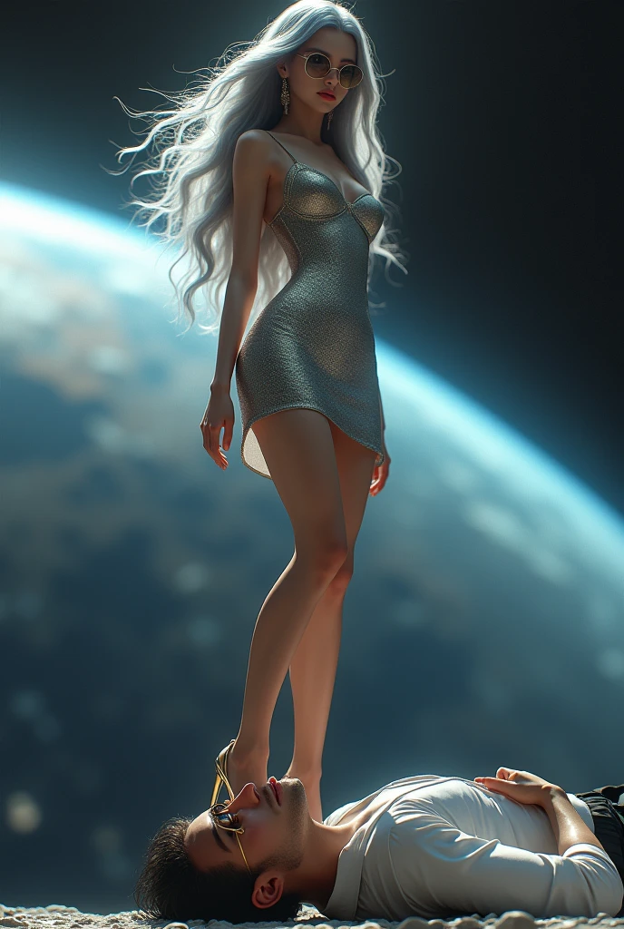 skinny, naked, high. Floating in the vastness of space in the galaxy. full-length naked. silver hair, in heels