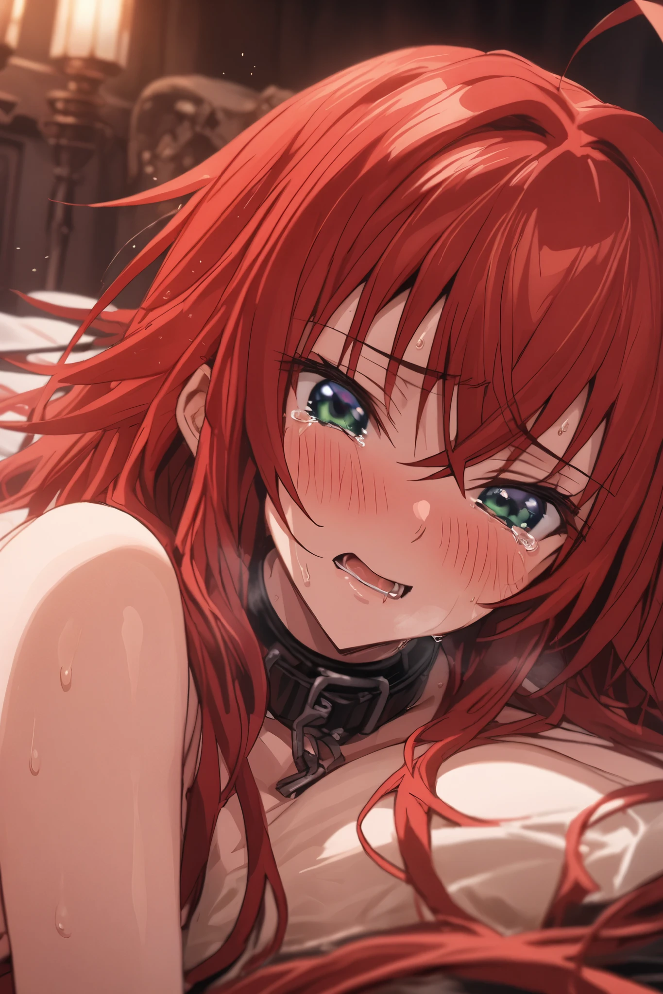 NSFW,masterpiece, top quality, high definition , very detailed, Rias Gremory、Huge ahoge、 long hair、Hair between the eyes、 green eyes、Red Hair,( slave),naked, iron collar ,Brothel, bedroom,Estrus season, lustful expression ,blush,Embarrassed, is lying down, lying on your back ,sweat,tears, opens crotch,( ahe face)