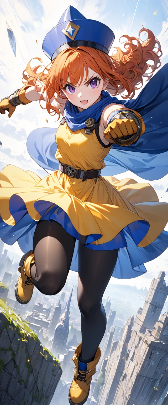 Fight with Barbara,alone,white_panties,(Shoot from below),(Wind from below),dq6barbara High ponytail dress Cape Yellow gloves Belt Jewelry Earrings